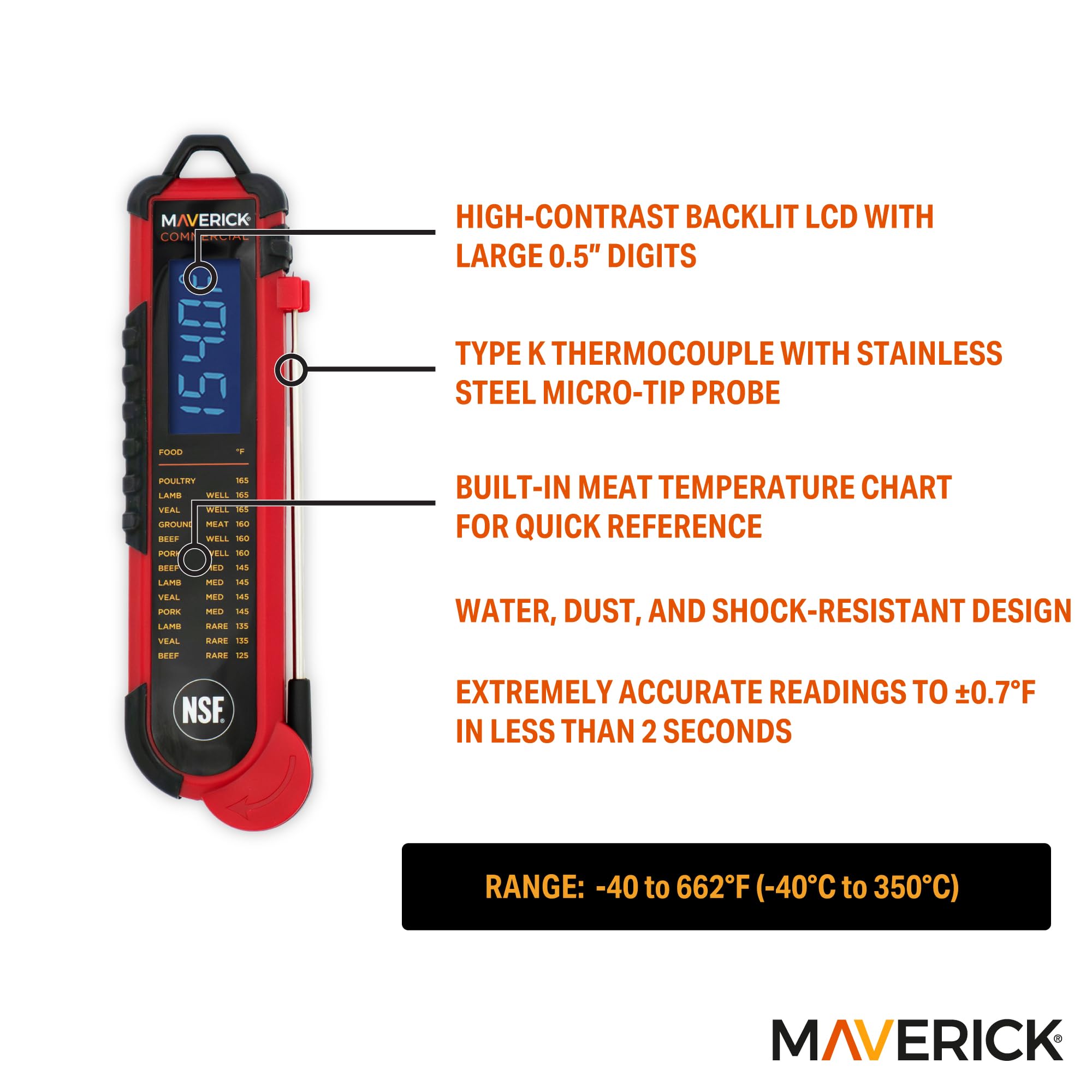 Maverick PT-100 Pro-Temp Commercial Smoker BBQ Probe Meat Termometro per carne, 15 cm, rosso
