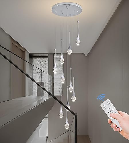 Miniatura 10 de Upfelw Moderno candelabro de cristal cromado, 7 luces cromadas, techo alto de 60 pulgadas, espiral, regulable, luz LED de gota de lluvia de cristal