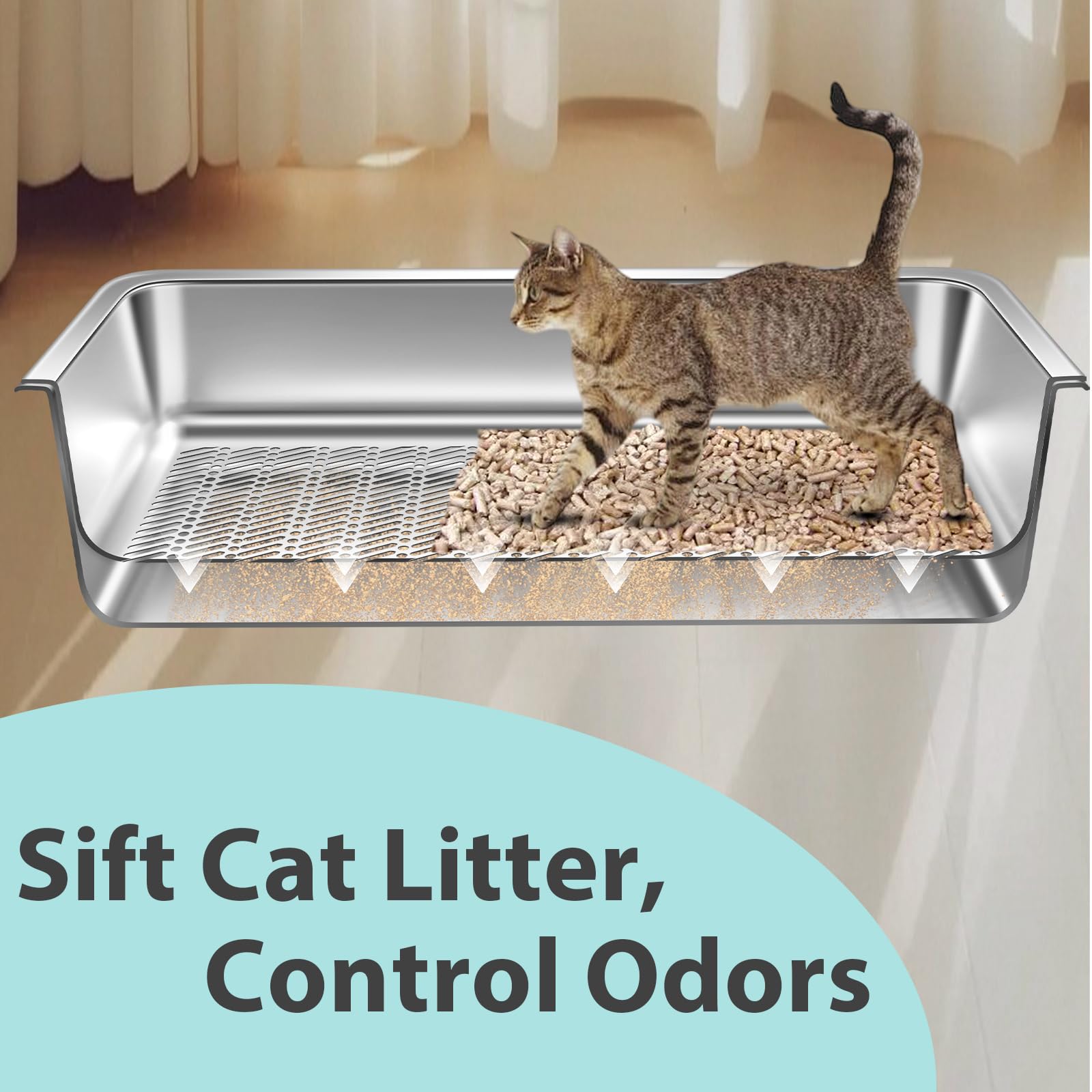 Stainless Steel Sifting Litter Box for Pine Pellets,Sifting Cat Litter Box for Wood Pellets,Extra Large Sifter Litter Pan System with Litte Liners and Scoop-20 ''Lx 13.8''W x 6''H - image 4