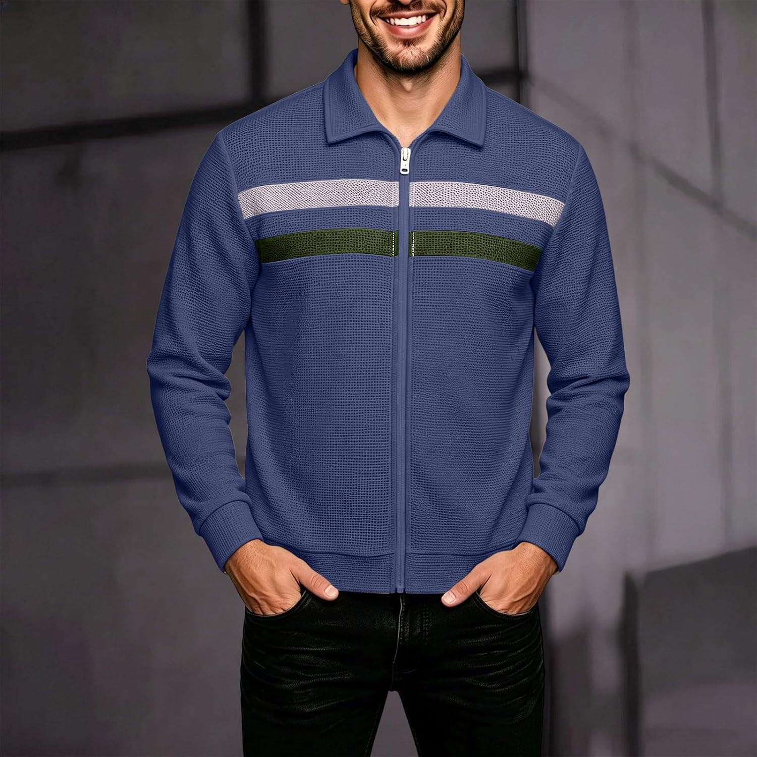 Men Waffle Knit Full Zip Jacket Lapel Collar Color‑Block Stripe Top