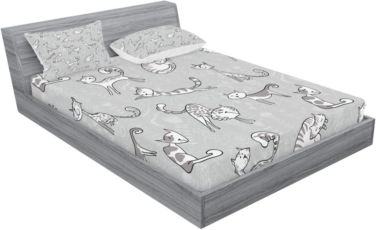 Ambesonne Grey Fitted Sheet & Pillow Sham Set, Cats Posing Over Floral Background Feline Kitten Kitty Cartoon Art Prints, Decorative Printed 3 Piece Bedding Decor Set, Full, Pale Grey