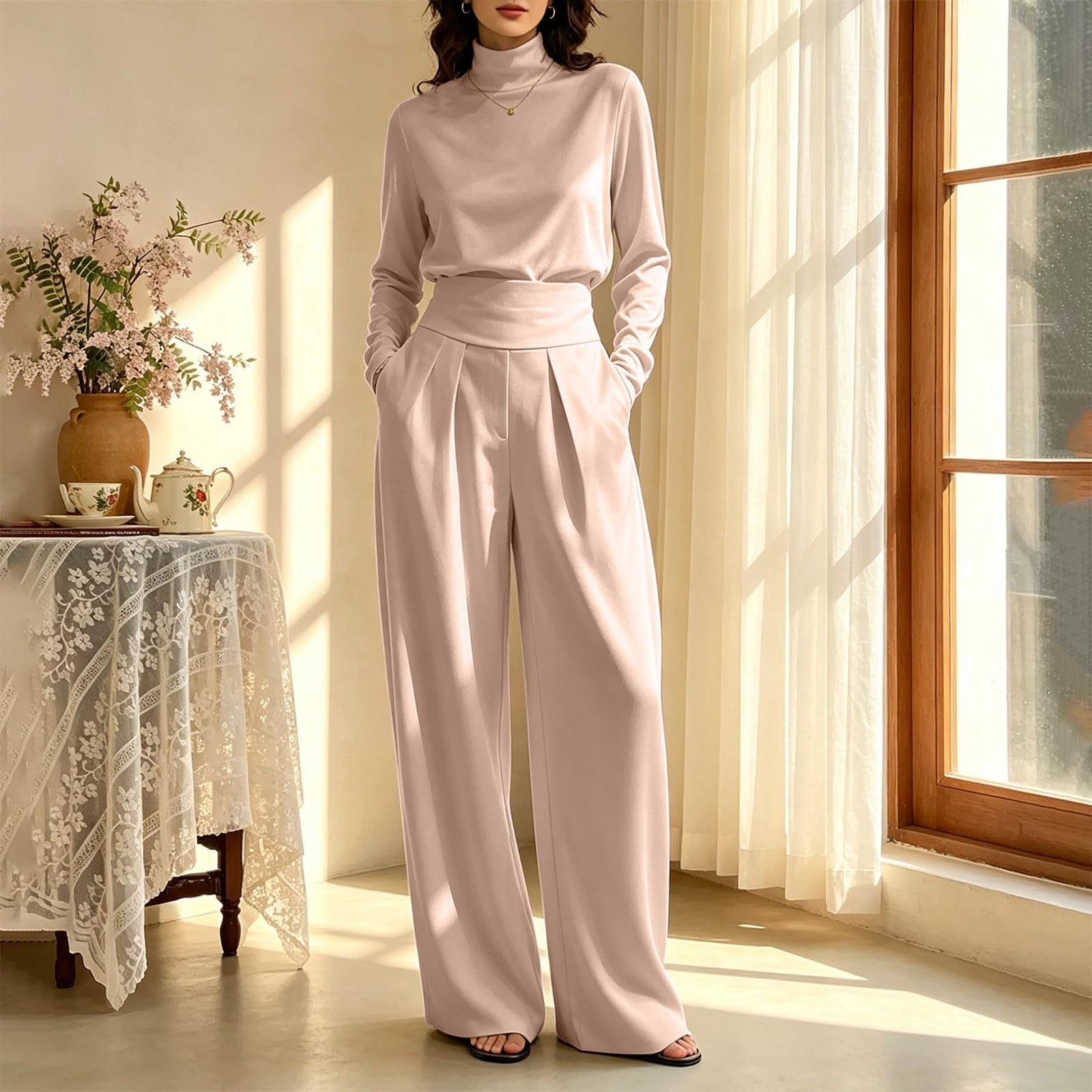 Vestito da donna, taglie forti, 2 pezzi, elegante, per matrimonio | Maglione casual a collo alto con pantaloni da abito, due pezzi, maglietta a maniche lunghe, tinta unita