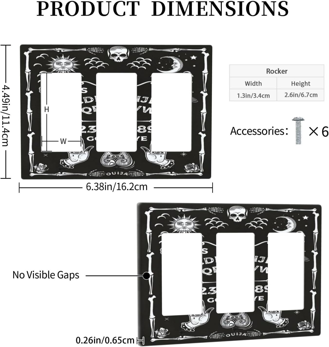 Black Witchy Skeleton Skull Gothic Sun Moon 3 Gang Rocker Novelty Light Switch Covers Decorative Unique Triple Outlet Wall Plate Cover Faceplate Decorative Switchplate GFCI for Kitchen image 5