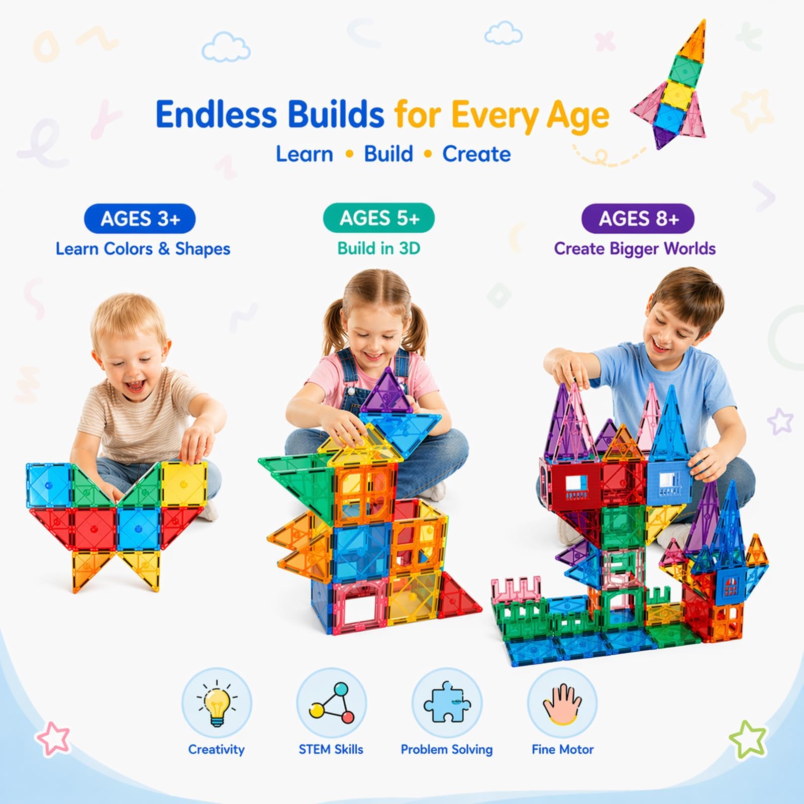 AFUNX 102PCS Magnetic Tiles for Kids,Strong Magnets,3D Clear STEM Toys — Amazon image 4