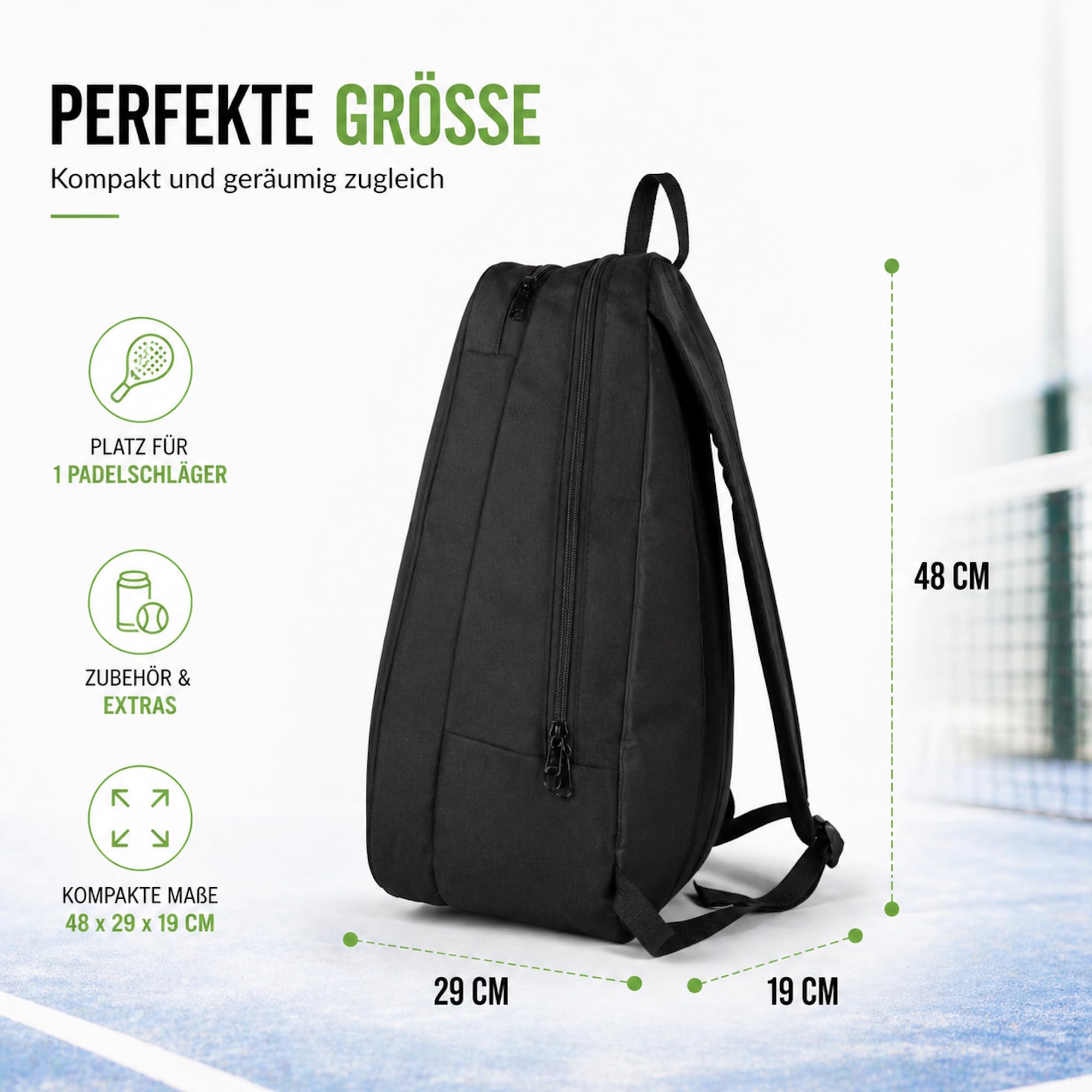 Zaino Padel Racchetta Zaino Nero - Padelbag con 2 scomparti per racchette e accessori, in PET riciclato, tracolla regolabile, 48 x 29 x 19 cm - Borsa sportiva per racchetta padel racket