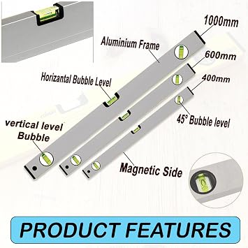3Pcs Spirit Level Set, High Accuracy Spirit Leveler 400.600,1000mm | Heavy Duty Builder Large Spirit Levels Tool with Powerful Magnets Aluminum Alloy Body Lightweight