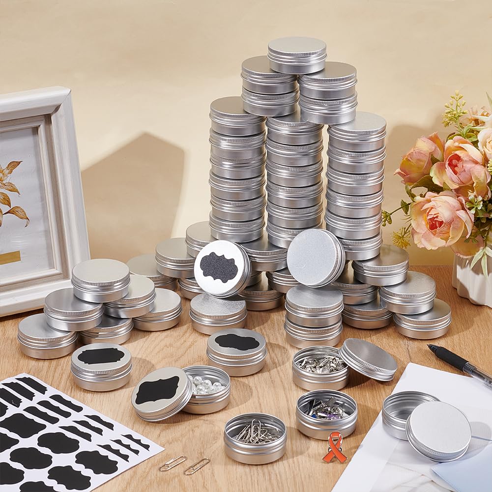 99 boîte de Conserve Ronde Contenants en Aluminium de 30 ML avec Couvercle à Vis Petites Boîtes avec 5 étiquettes en Papier Contenants Cosmétiques de Voyage pour Baumes (Argenté)