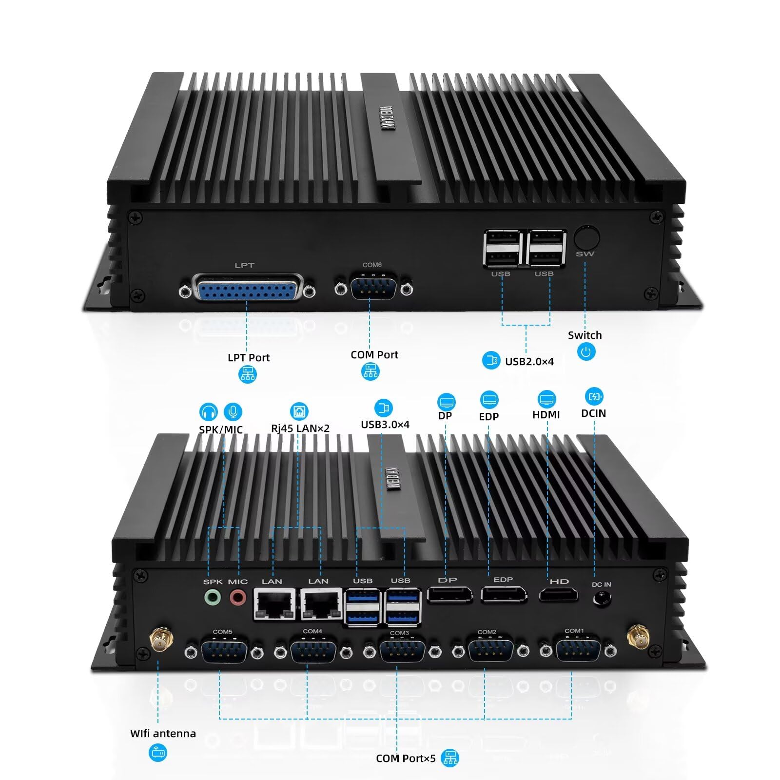 WEIDIAN Lüfterloser PC i7, Industrie PC Lüfterlos, Core i7-8550U, Fanless Industrial Computer Win 11, HDMI, DP, EDP 4K Triple Display, 8USB, 6RS232 COM, LPT, WiFi, BT (16GB DDR4 RAM 512GB SSD)