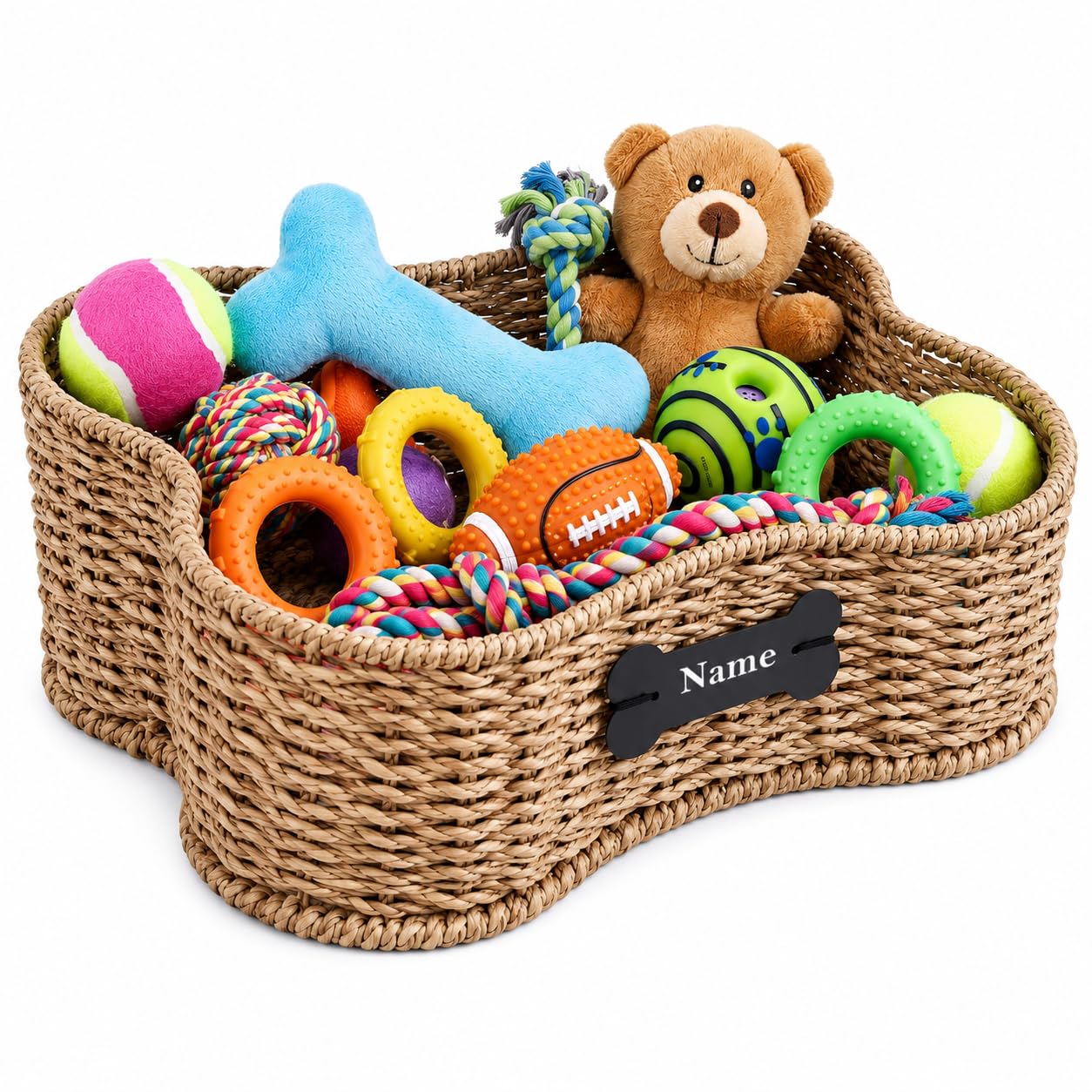 Dog Toy Basket, Dogs Bone Basket for Toys, Wicker Storage Basket for Pet Stuff, Dog Toy Bin for Living Room,Handmade Seagrass Basket with Custom Tag