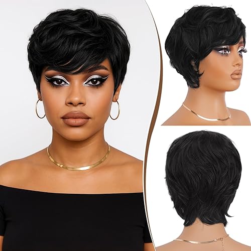 RUWISS Pixie Cut Wig Human Hair – Short Wigs for Black Women with Bangs, Natural Layered Wavy Wig, Glueless, 1B#