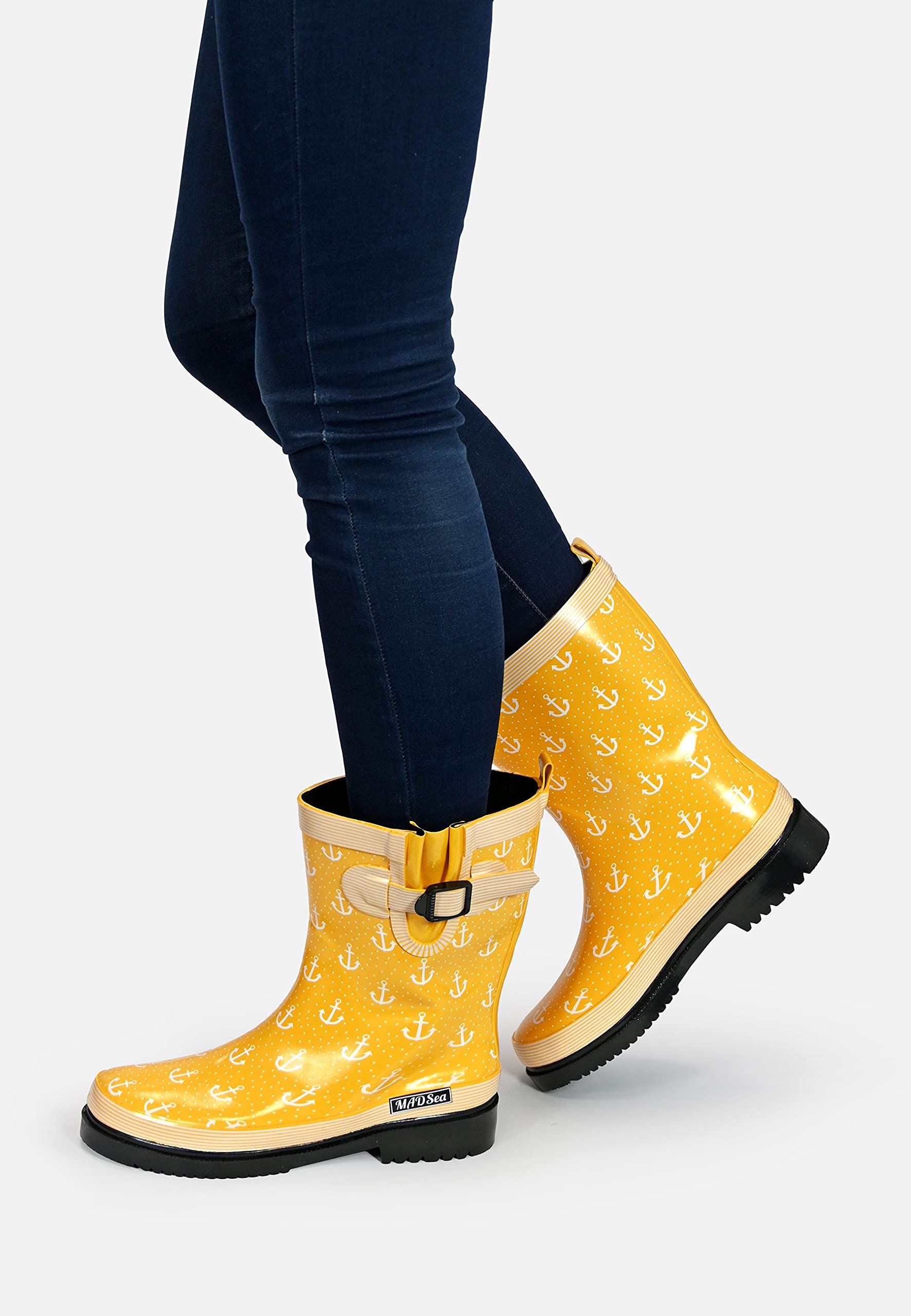 MADSea Botas de agua para mujer Ocean Anchor de media caña | Botas de lluvia impermeables con pliegue elástico para jardín con diseño de ancla