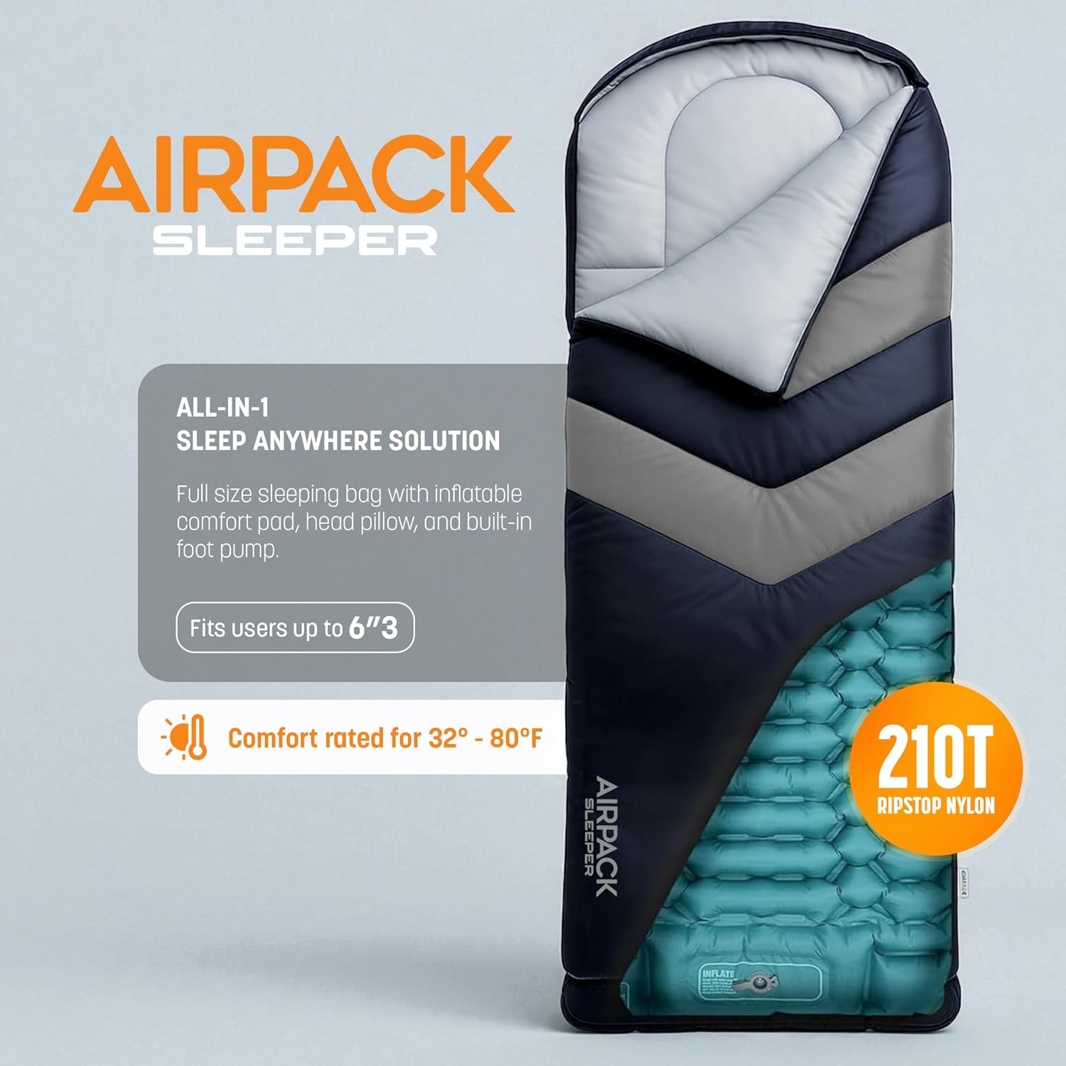 Sleeping Bag with Built-in Pad (AirPack Sleeper) - All-in-One Inflatable Sleeping Pad and Pillow for Camping with Built-in Foot Pump (Blue/Gray) 210x80cm