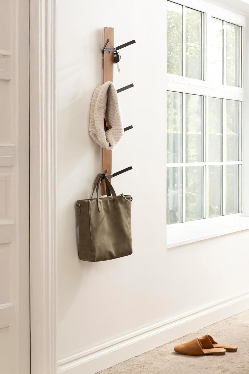 Kate and Laurel Rossmore Modern 4-Hook Vertical Wall Hanging Coat Rack; 8 x 4 x 30; Rustic Brown and Black; Decorative Modern Wood and Metal Coat Tree Hanging Hooks for Wall-Mounted Storage