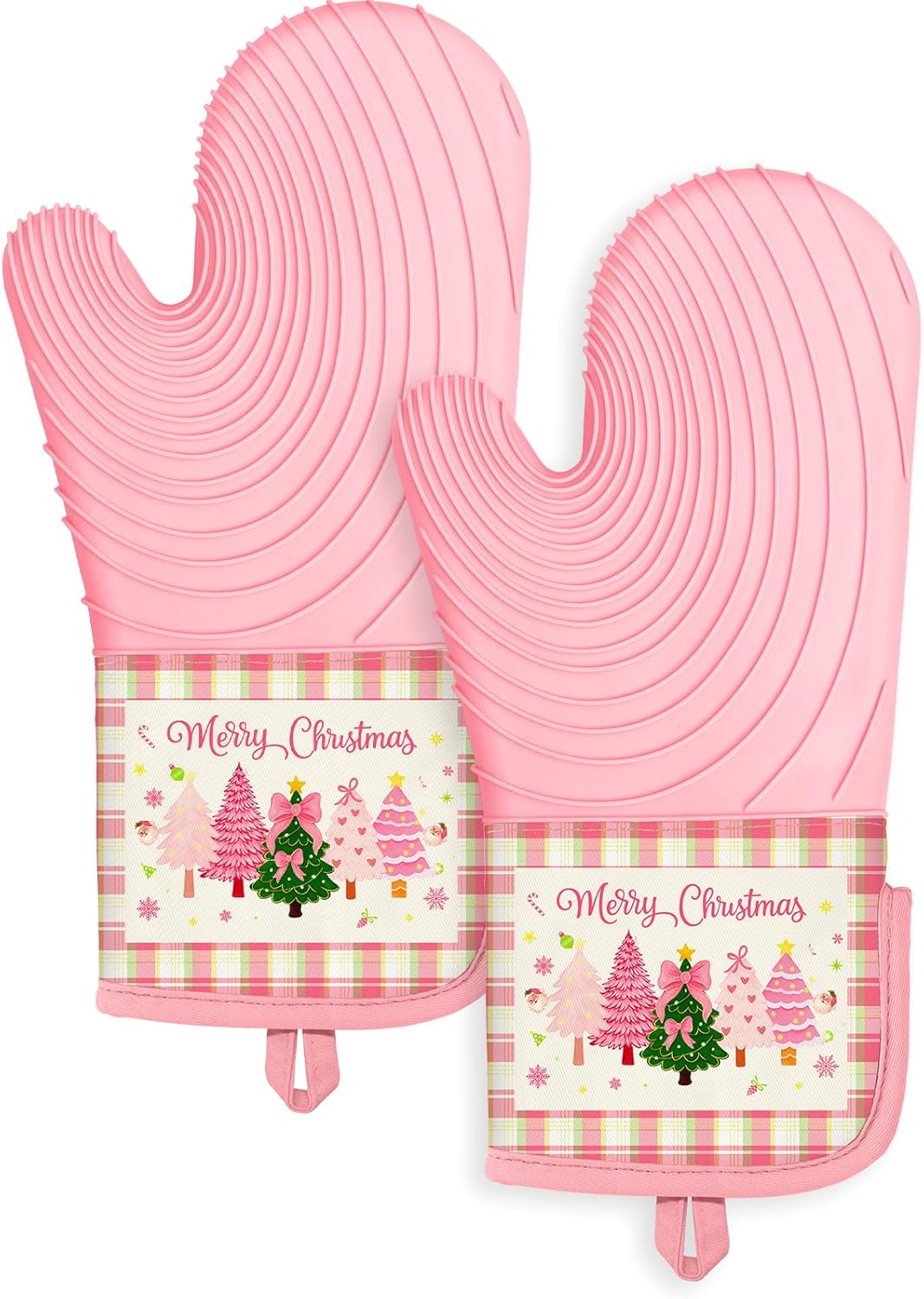 Slohif Long Silicone Oven Mitts Heat Resistant for Women - 2 Pcs Christmas 100% Cotton Oven Gloves, Non-Slip and Waterproof Silicone Oven Mitts with Hanger for Baking and Cooking