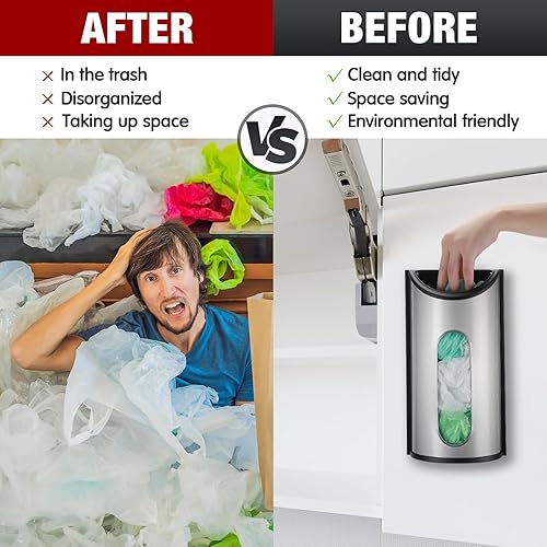 Miniatura 5 de Paquete de 2 soportes para bolsas de comestibles, dispensador de bolsas de plástico para montaje en pared, almacenamiento de bolsas de acero