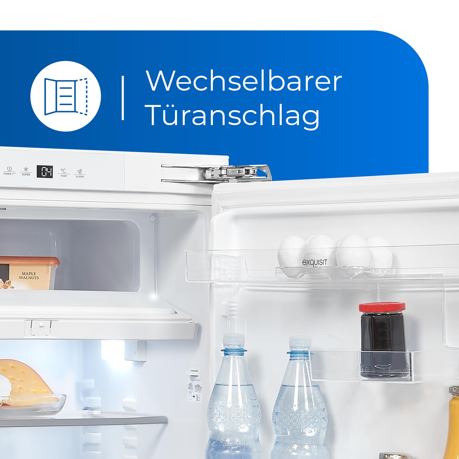Exquisit UKS130-4-FE-010D Unterbau Kühlschrank mit 4* Gefrierfach, 121 L | Einbaukühlschrank mit Festtürmontage, LED-Beleuchtung, wechselbarem Türanschlag und akustischem Alarmsignal bei offener Tür