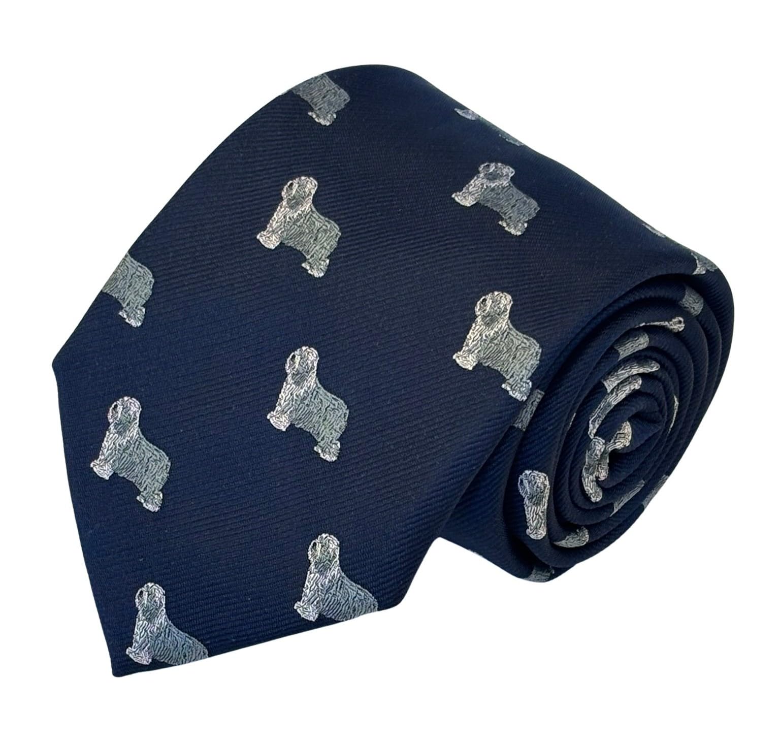 Frederick Thomas Navy Blue Old English Sheepdog Print Tie, 8.5 Cm Width, 147 Cm Length, British Designer