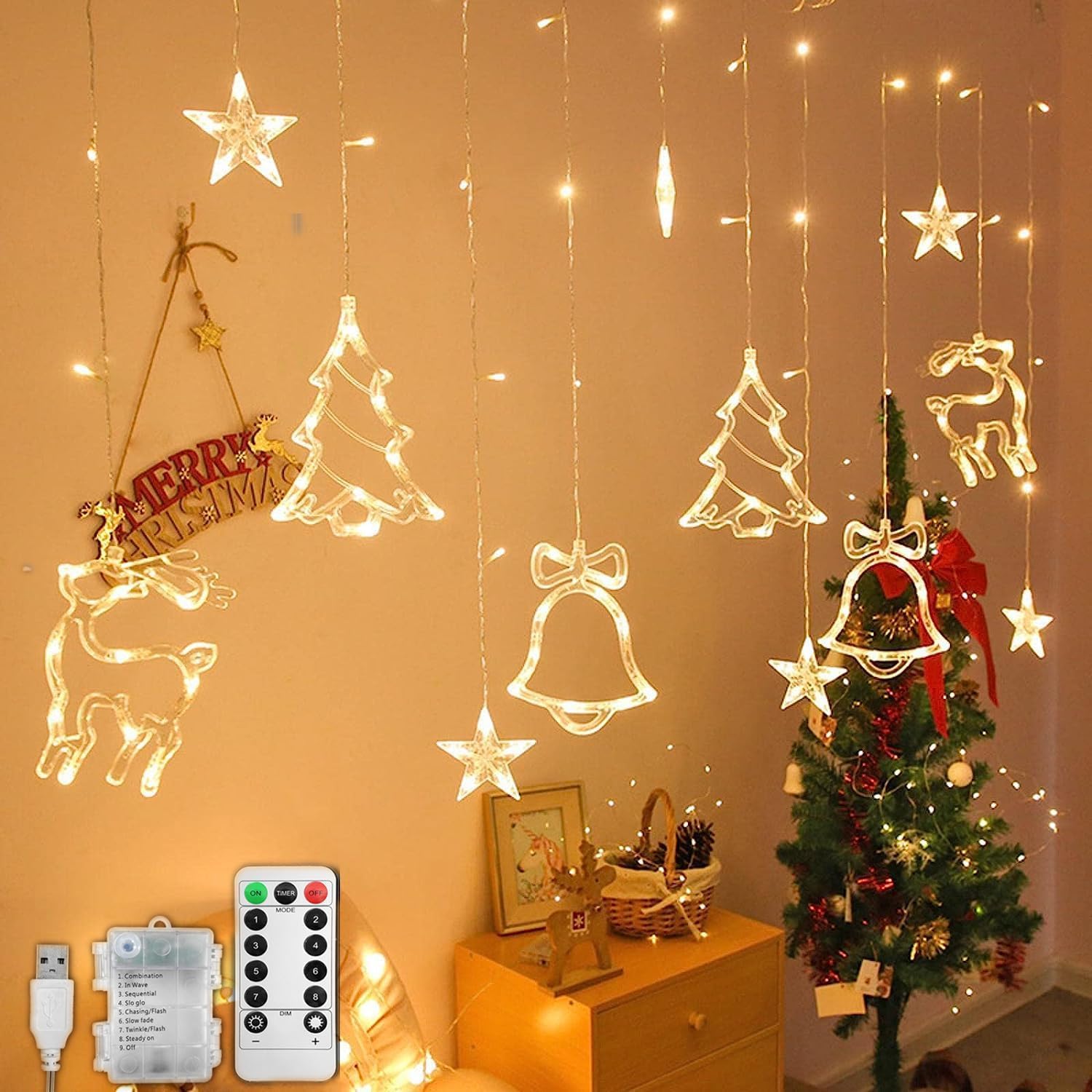 Jsdoin Yellow Led String Light Christmas Curtain Light 3.5M Waterproof Fairy Light String Christmas Window Lights 8 Modes Wedding Party Garden Bedroom Decoration Usb+Battery Box