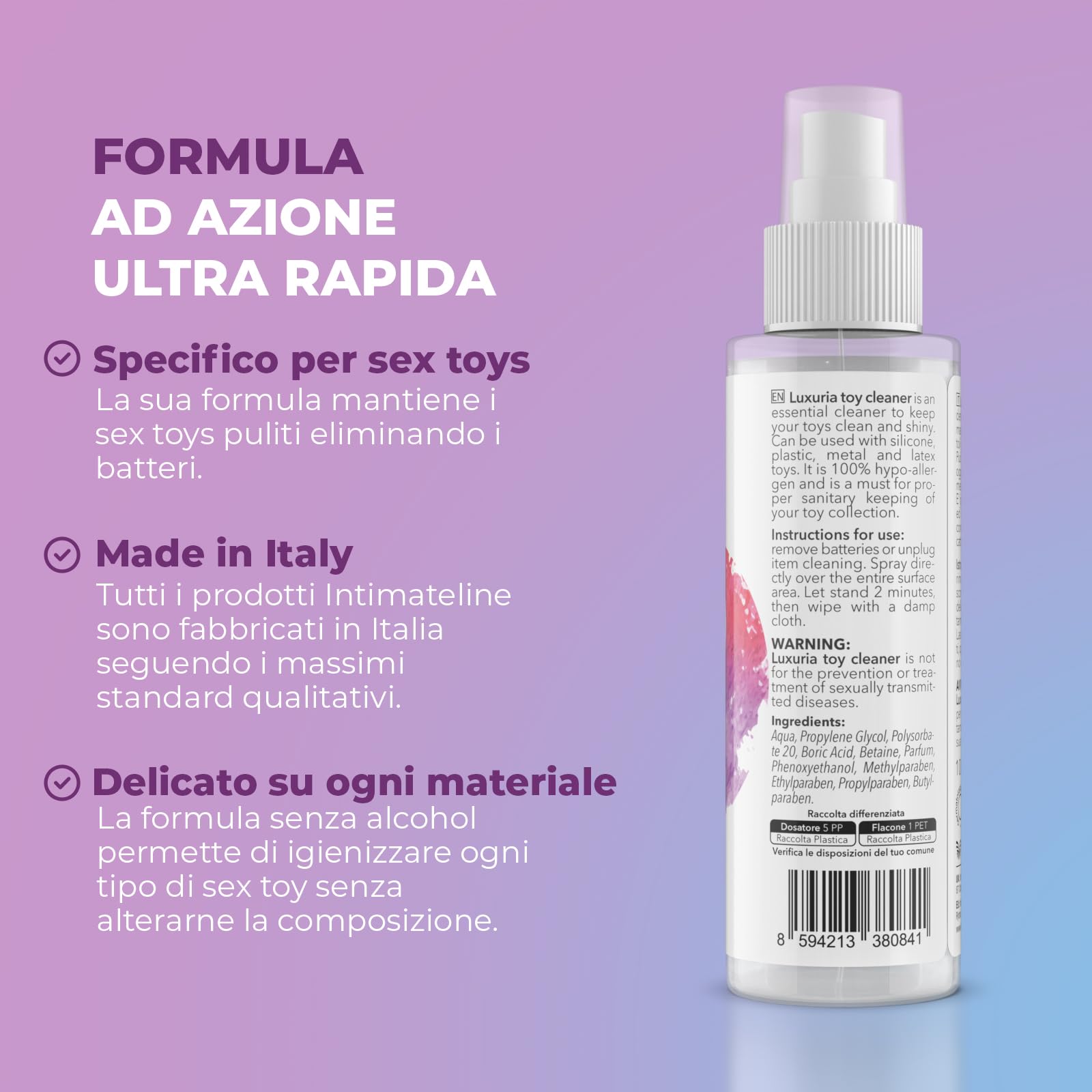 INTIMATELINE | Luxuria Toy Cleaner - Detergente e Igienizzante Specifico per Sex Toys, Azione Antibatterica, Alcohol Free, 100 ml