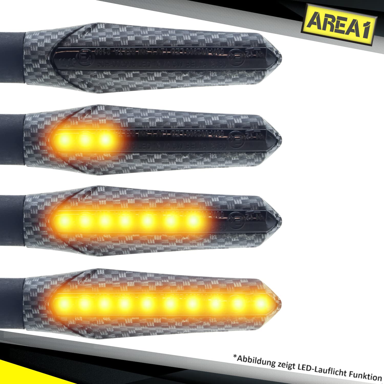 Area1 Frecce LED Moto Omologate E in Carbon Look con Effetto Scorrimento, M8, Set 2 Pezzi – Compatibili con KTM 790 Duke, 390 Duke, 690 SMC/R, MT-07, MT-09, MT-125, Z900, Z650, Z500, Z125, CMX