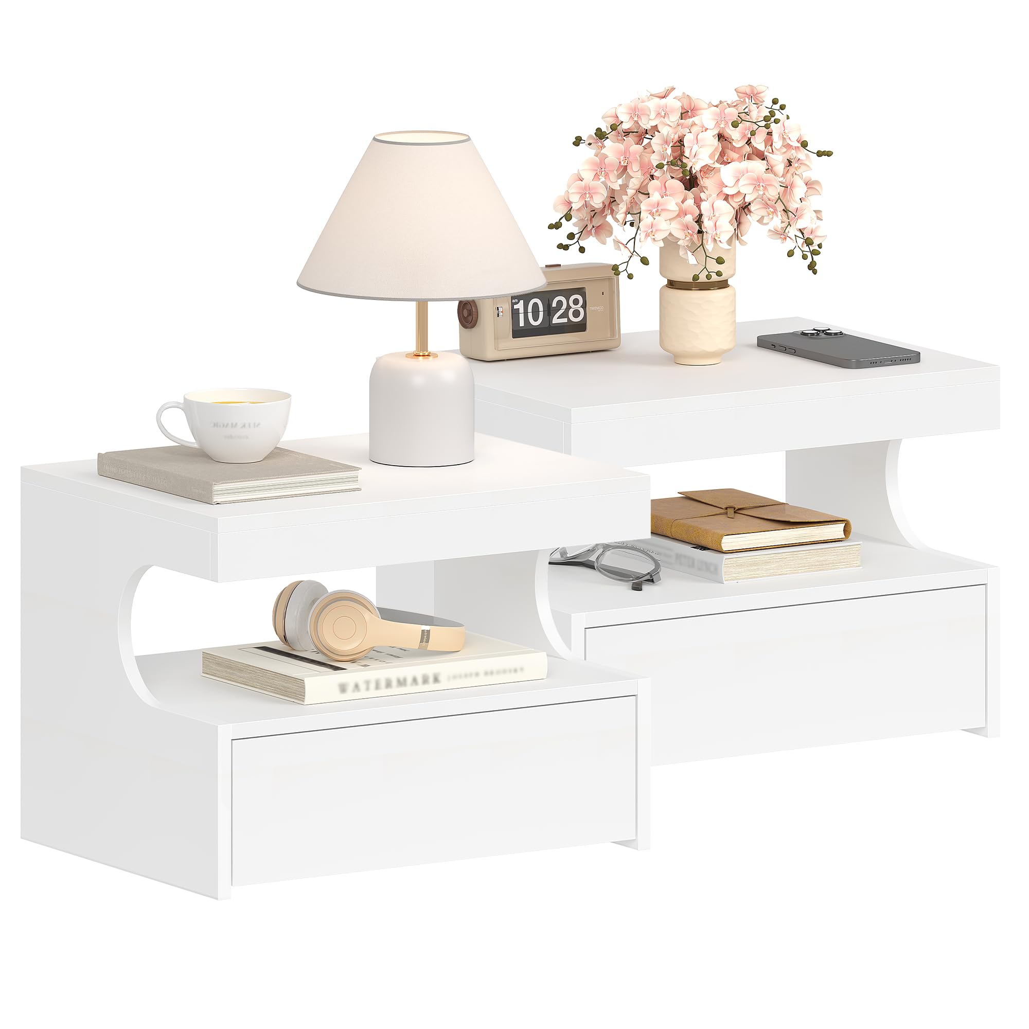 Hzuaneri Comodino Sospeso Set di 2, 1 Cassetto con Guide, Spazio Aperto a Forma di U, Moderno, per Camera da Letto Soggiorno, 30 x 40 x 29,2 cm, Bianco NS50203X