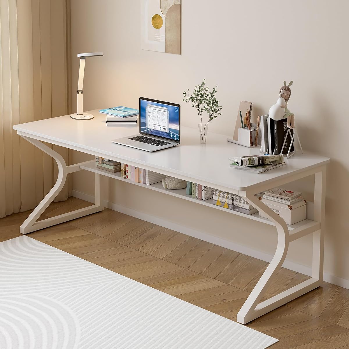 63-Inch Extra Long Desk with Storage Shelf, Warm White | Double Long Writing Table, Space-saving, 2-Person Workstation, Modern Study Work Computer Desk, For Home Office