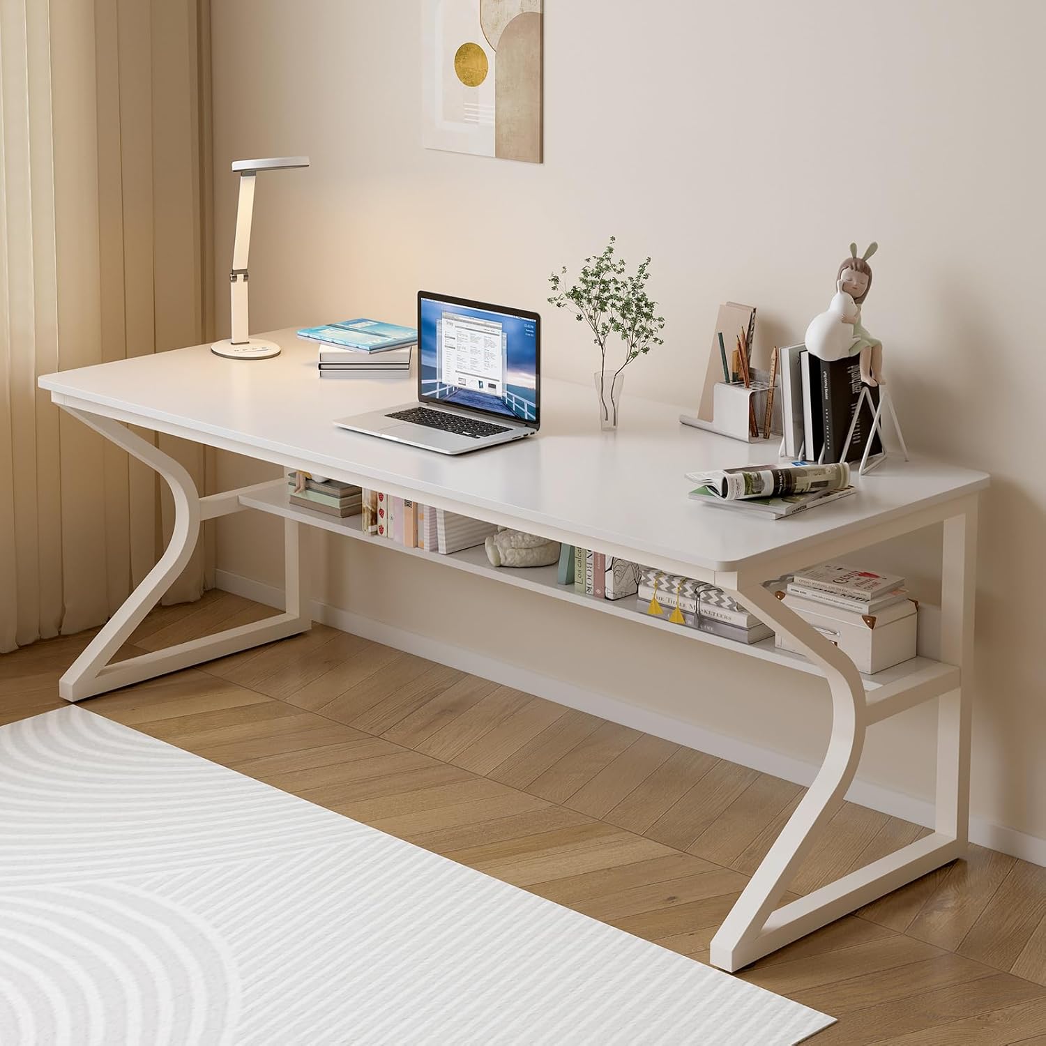 Extra Long Desk with Bookshelf - 63 Double Long Writing Table for 2-Person Workstation Modern Study Work Computer