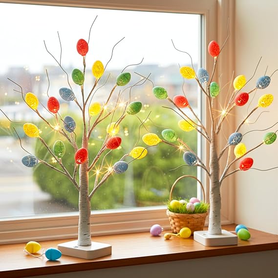 PEIDUO Easter Decorations, 2 Pcs Lighted Easter Tree with 36 Eggs, Battery Powered Birch Tree with Timer for Spring Decoration Indoor Decor (22inch /24 LEDs