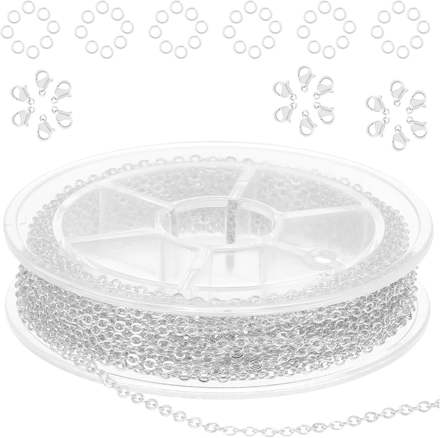 33ft(10m) Stainless Steel Jewelry Chain 1.5mm DIY Craft Links Supplies Findings for Making Necklace Earring Bracelet, Color Plated Metal Cable Roll 20pcs Lobster Clasps 50pcs Jump Ring(Silver)