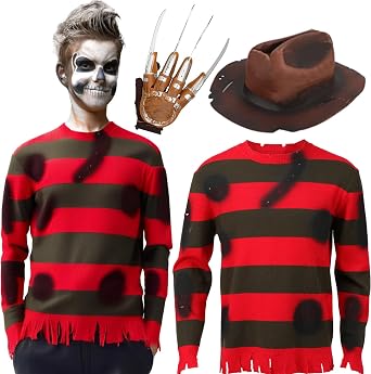 3PCS Adult Killer Costume Sweater Hat Glove Halloween Striped Sweater Horror Killer Cosplay Outfits for Men Women