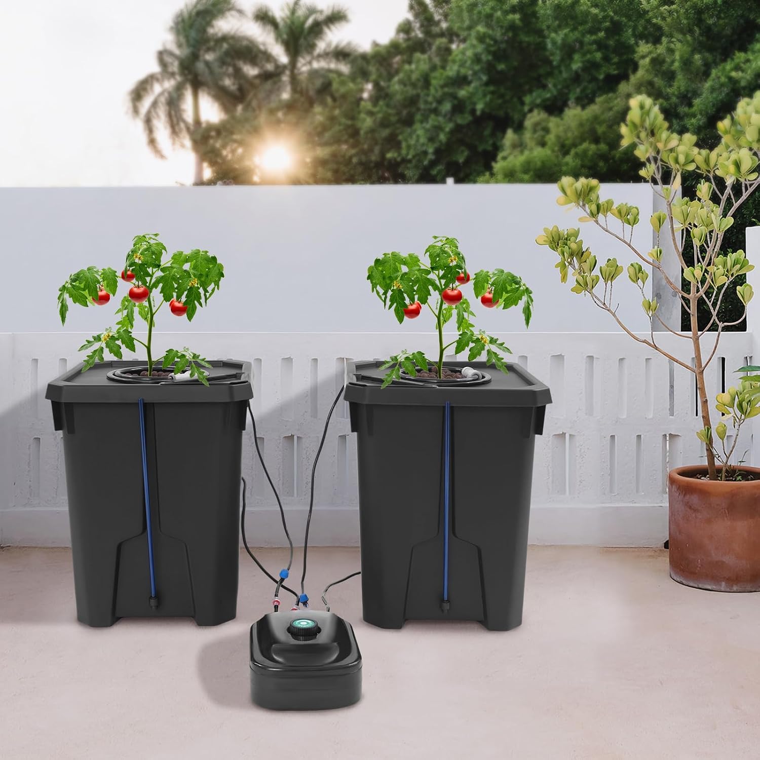 2Pcs Deep Water Culture Bucket System, 7 Gallon Hydroponics Growing System Kit with Flippable Inspection Cover, Recirculating Drip Garden System with Air Pump&Clay Pebbles for Indoor Outdoor Plants