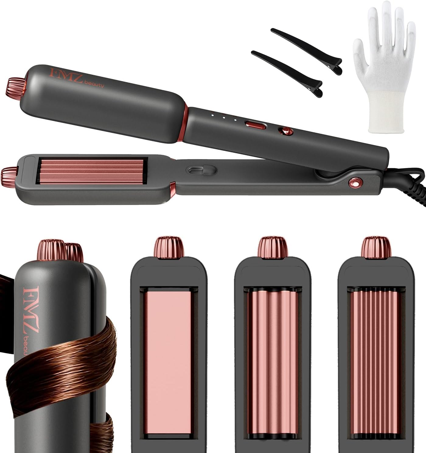 FMZ Flat Iron Hair Straightener Curler and Crimper, Professional 4 in 1 Hair Styling Irons for Straightening, Crimping, Curling, Dual Voltage, Auto Shut-Off, Small and Portable for Women Travel Home