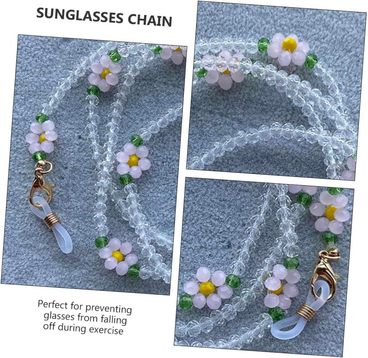 SECFOU Multi-purpose Glasses and Mask Hanging Chain with White Crystal Flower Beads, Eyeglasses Anti-lost Necklace for Women, Sweater Chain Accessory for Everyday Use