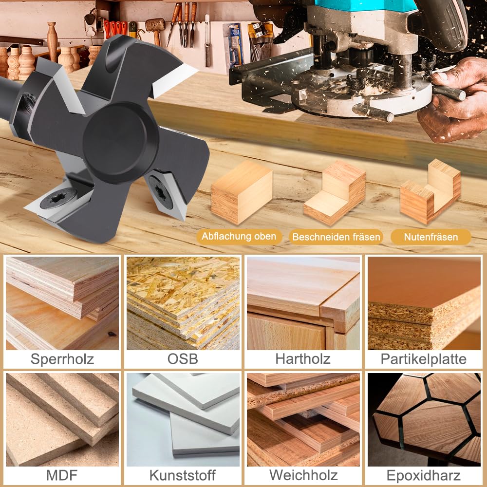 Fraise à planer pour défonceuse avec tige de 8 mm - Diamètre de coupe 40 mm - Équipé de 4 lames interchangeables en carbure de tungstène de 10,5 x 10,5 mm - Fraises pour planer, rainurer et