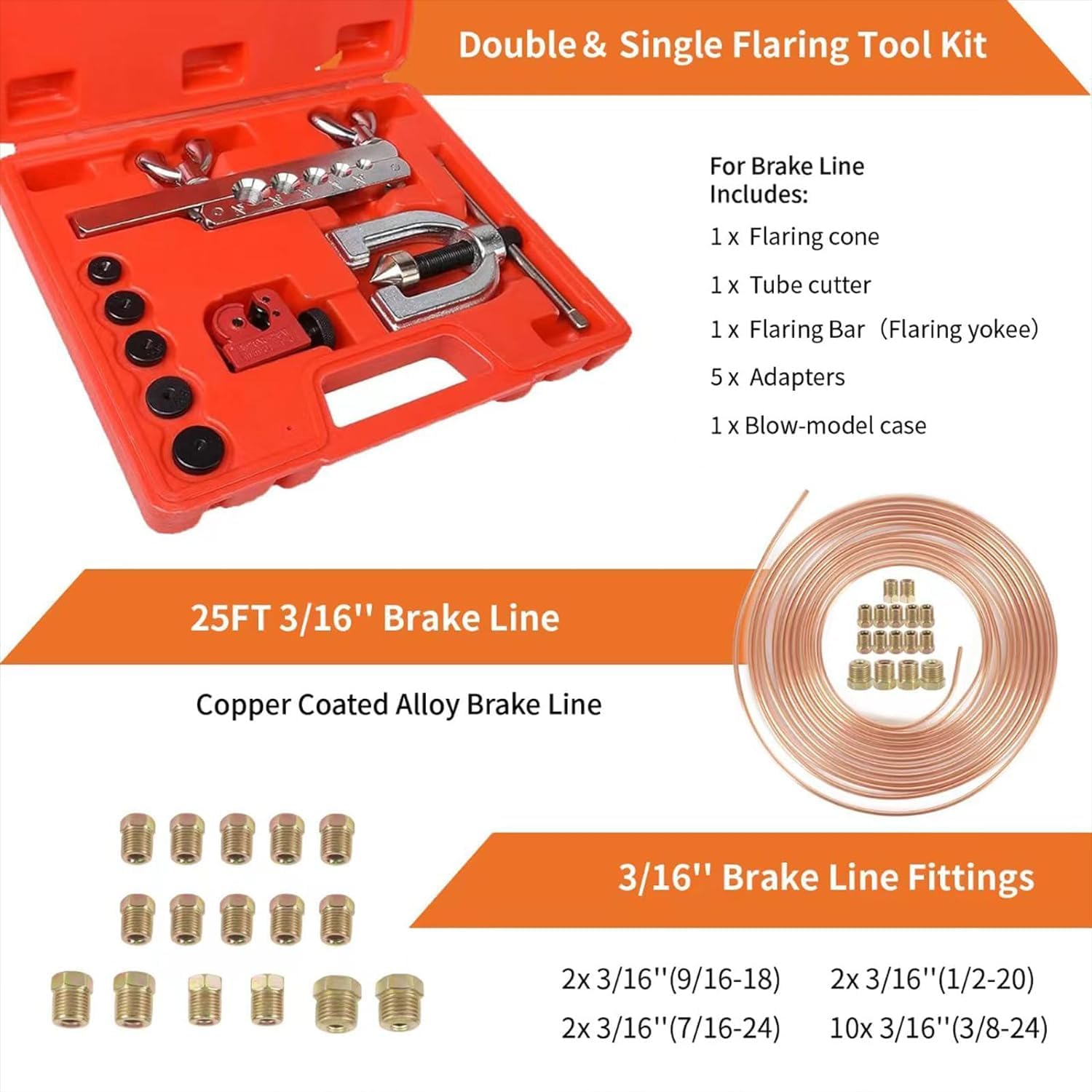 25 ft 3/16 Copper Coated Brake Line Repair Kit (Includes 16 Fittings) + Double & Single Brake Line Flaring Tool Kit + 180 Degree 3 IN 1 Tubing Bender + 2 Tube Cutters