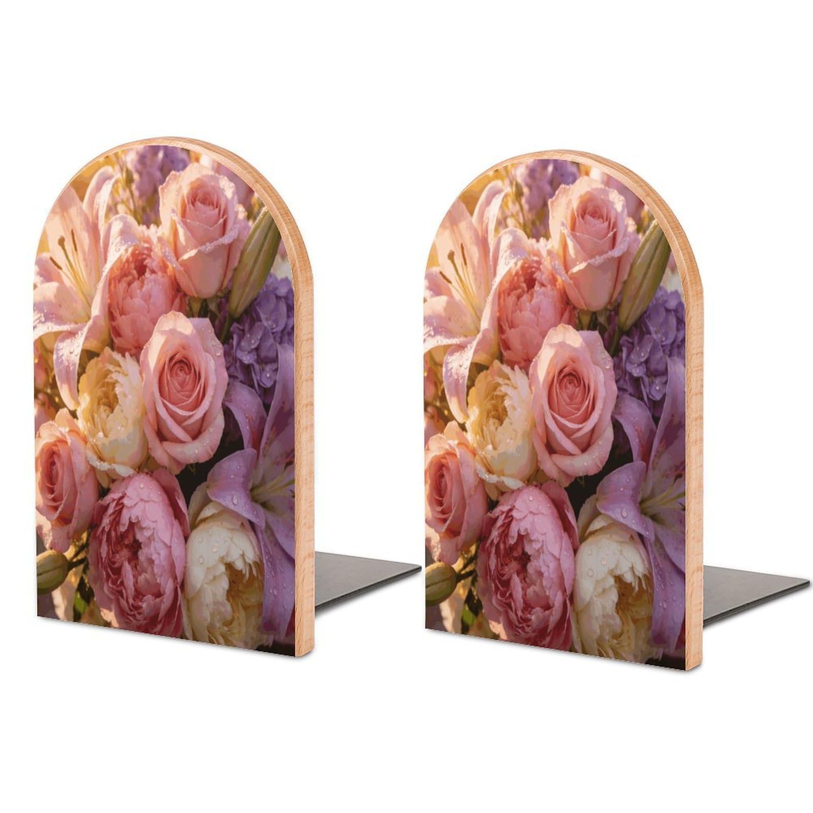Sujetalibros de madera con flores decorativo y antideslizante para estantes