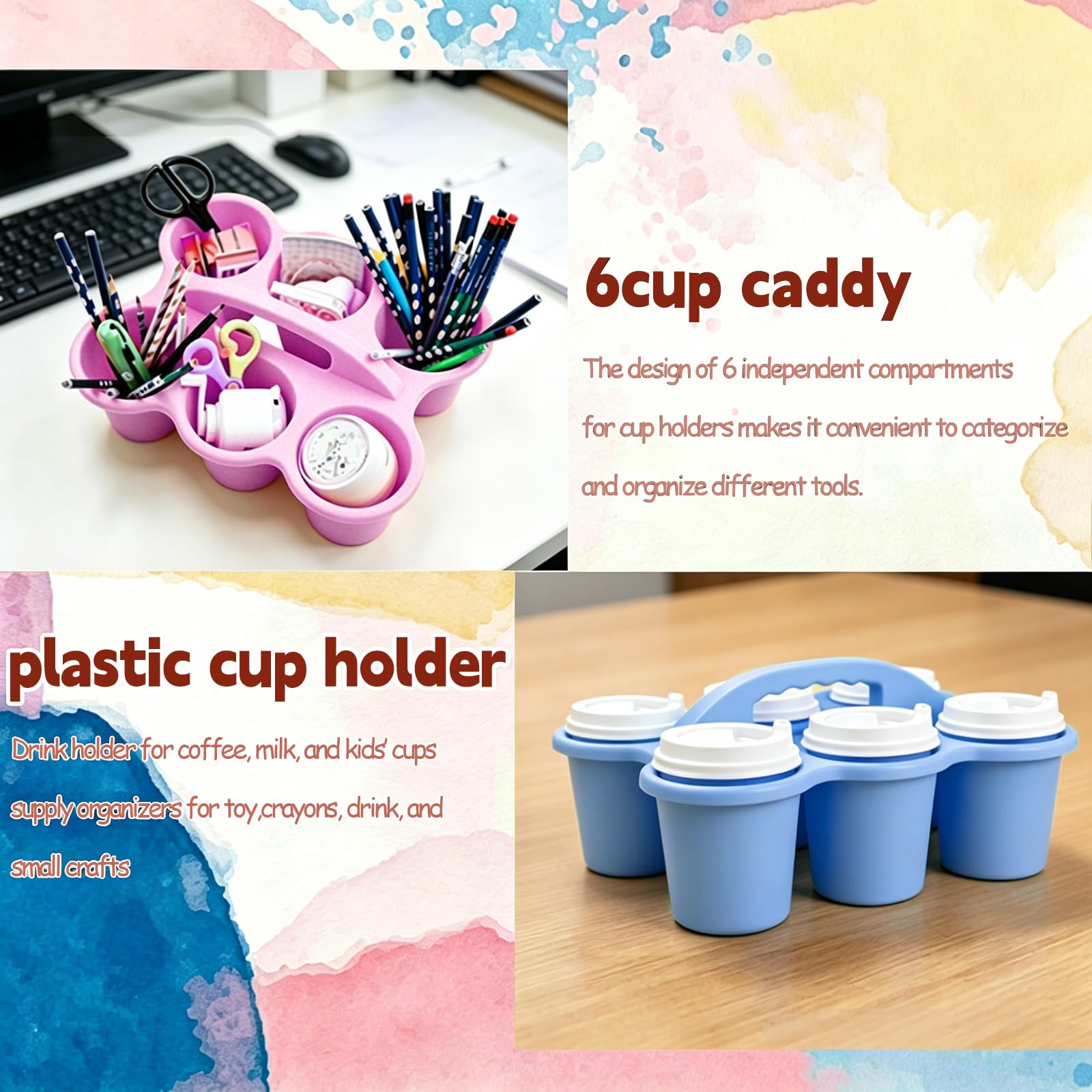 Confezione da 6 organizer da tavolo in plastica Macaron con manico, 6 scomparti, per forniture scolastiche, artigianato, pastelli, matite, impilabili, per ufficio e casa