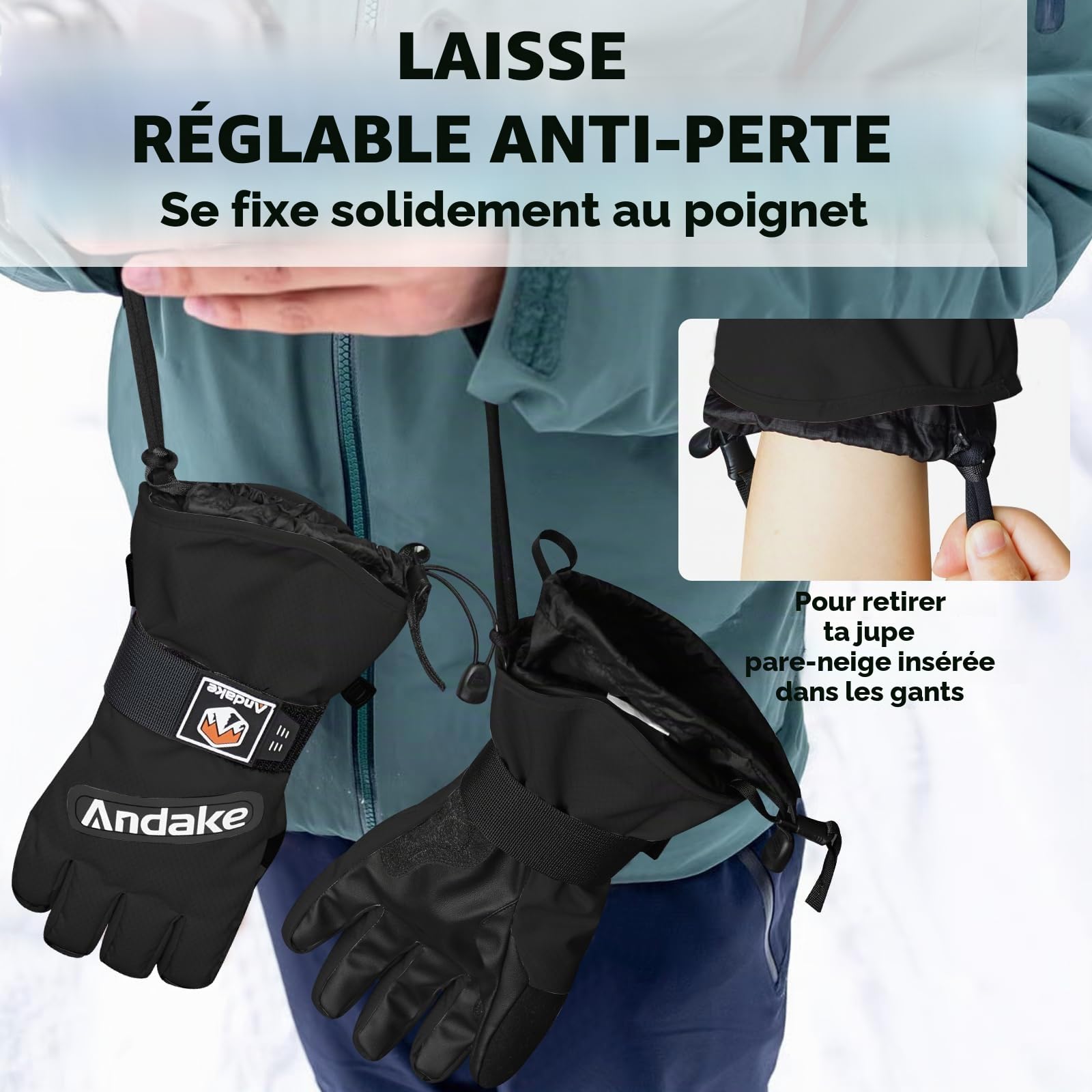 Andake - Gants de Ski Imperméables et Chauds pour Hommes, Femmes et Adolescents
