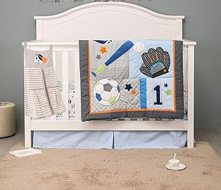 4 PCs Blue Embroidery Sports Theme Nursery Crib Bedding Set 1 Quilt 1 Fitted Sheet 1 Skirt 1 Diaper Storage Bag Baby Boy Sport Theme Cot Bedding Set
