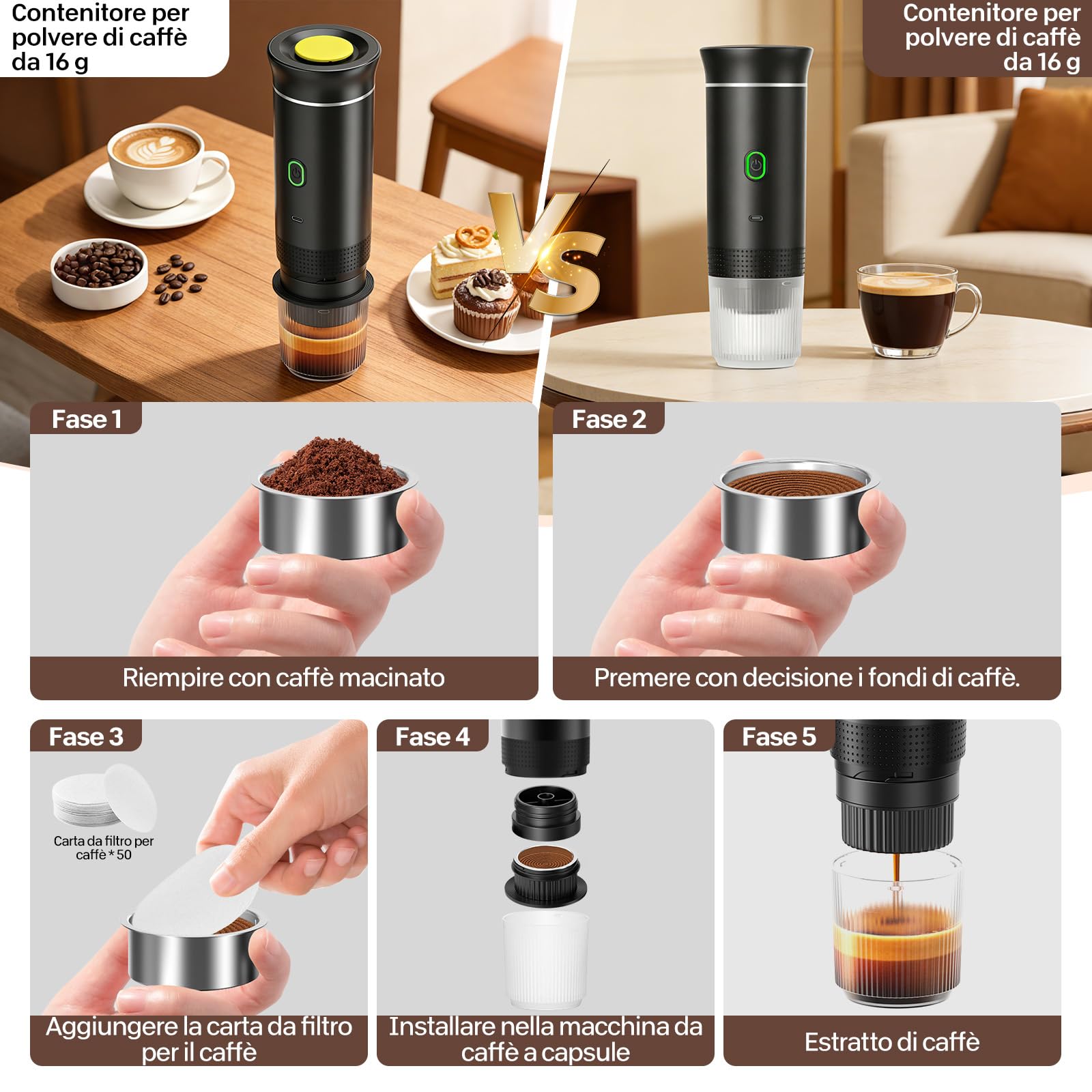VHV Macchina Caffe Portatile 3 In 1 Macchina Caffe, 3 Minuti Di Auto-Riscaldamento, Caffettiera Elettrica Compatibile con Piccole Capsule, Grandi Capsule, Caffe Macinato, Per Ufficio, Auto (Nero)