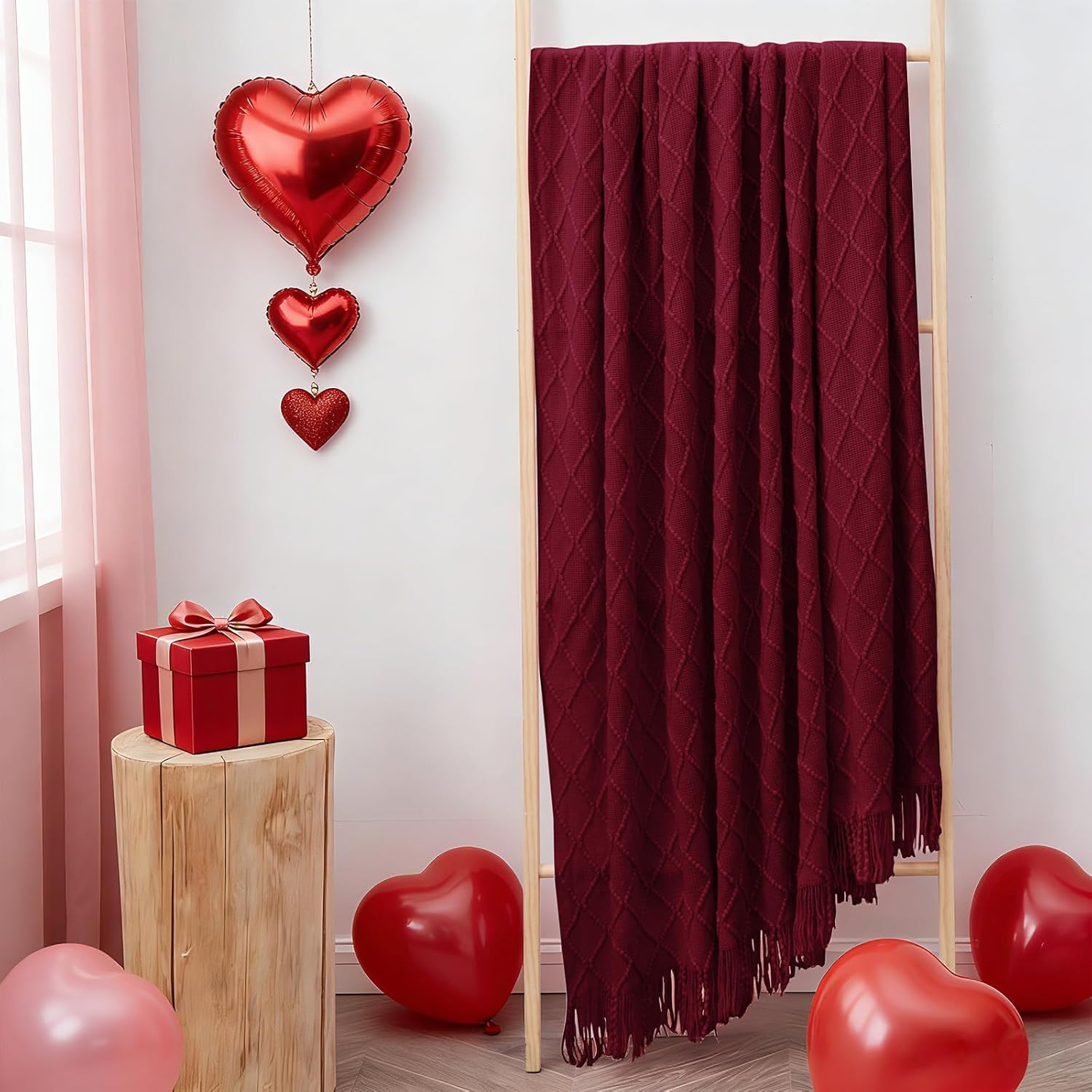 inhand Knitted Gifts Claret Throw Blankets for Couch,Valentines Day Red Decor for Her Him Girlfriend Wife, Romantic Lightweight Decorative with Tassel, Farmhouse Warm Woven for Women,50"x60" - Image 7