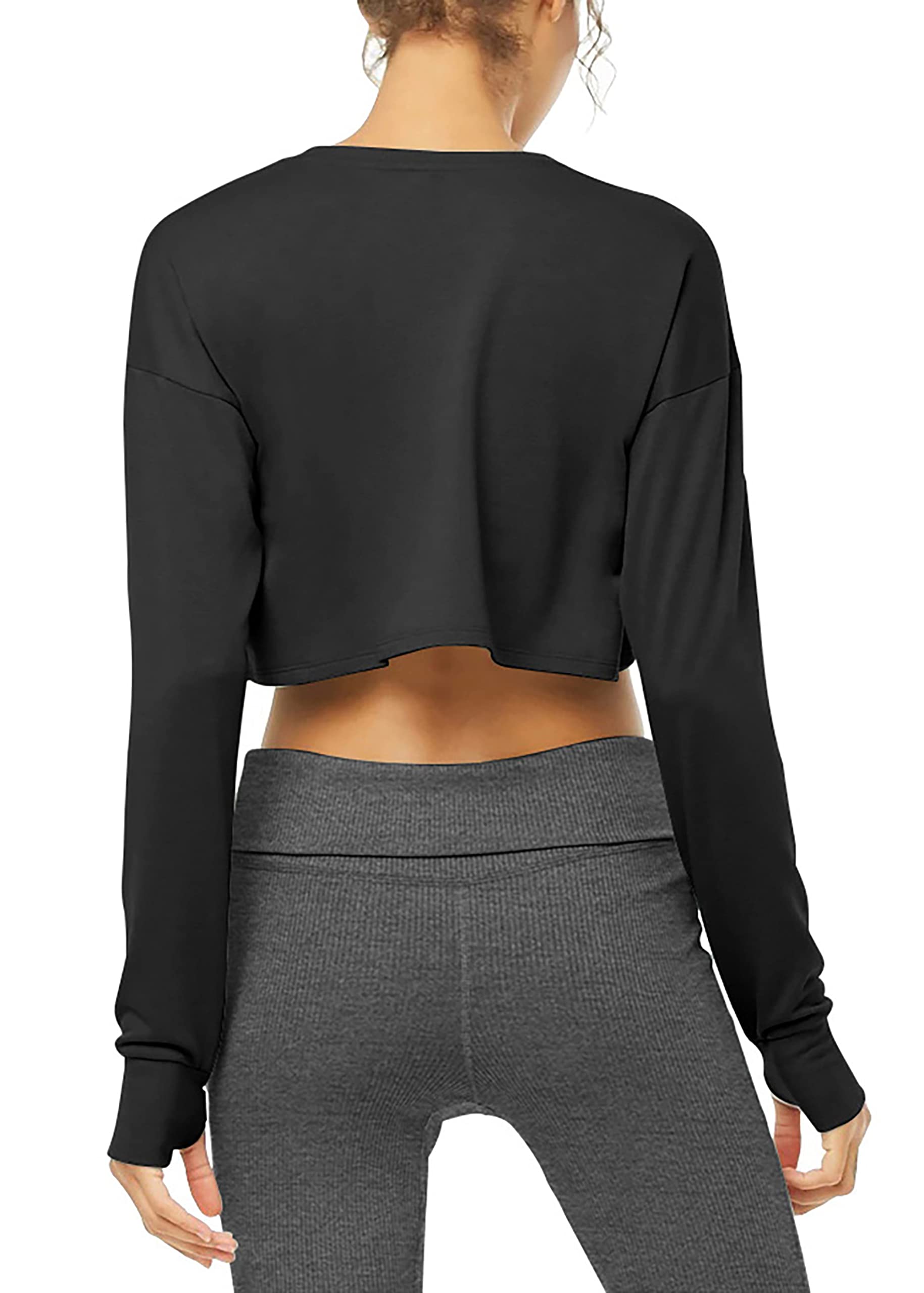 Bestisun - Camiseta de Manga Larga para Mujer, diseño atlético, con Agujeros para el Pulgar - Negro - Medium