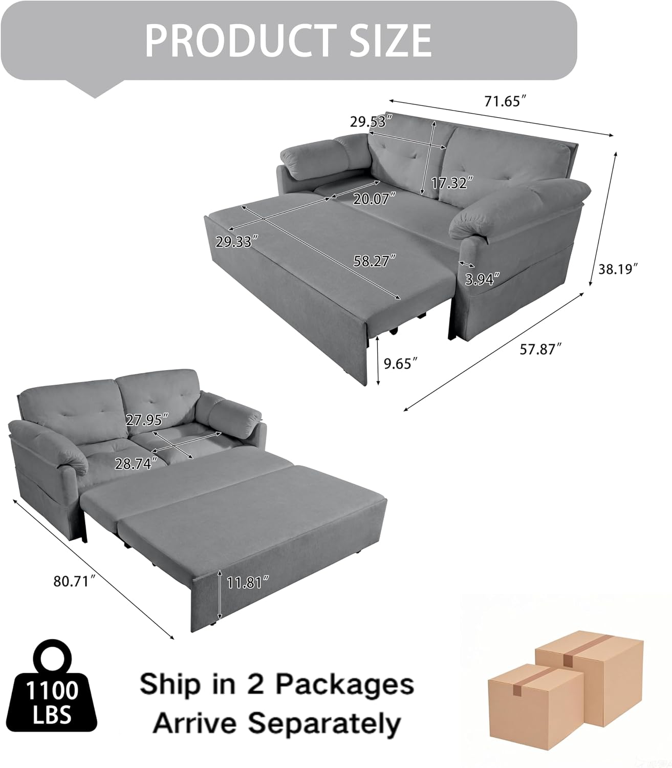 HMHKHN 72" 3-in-1 Sofa Bed Chenille Fabric Grey Thick Cushions Side Pocket