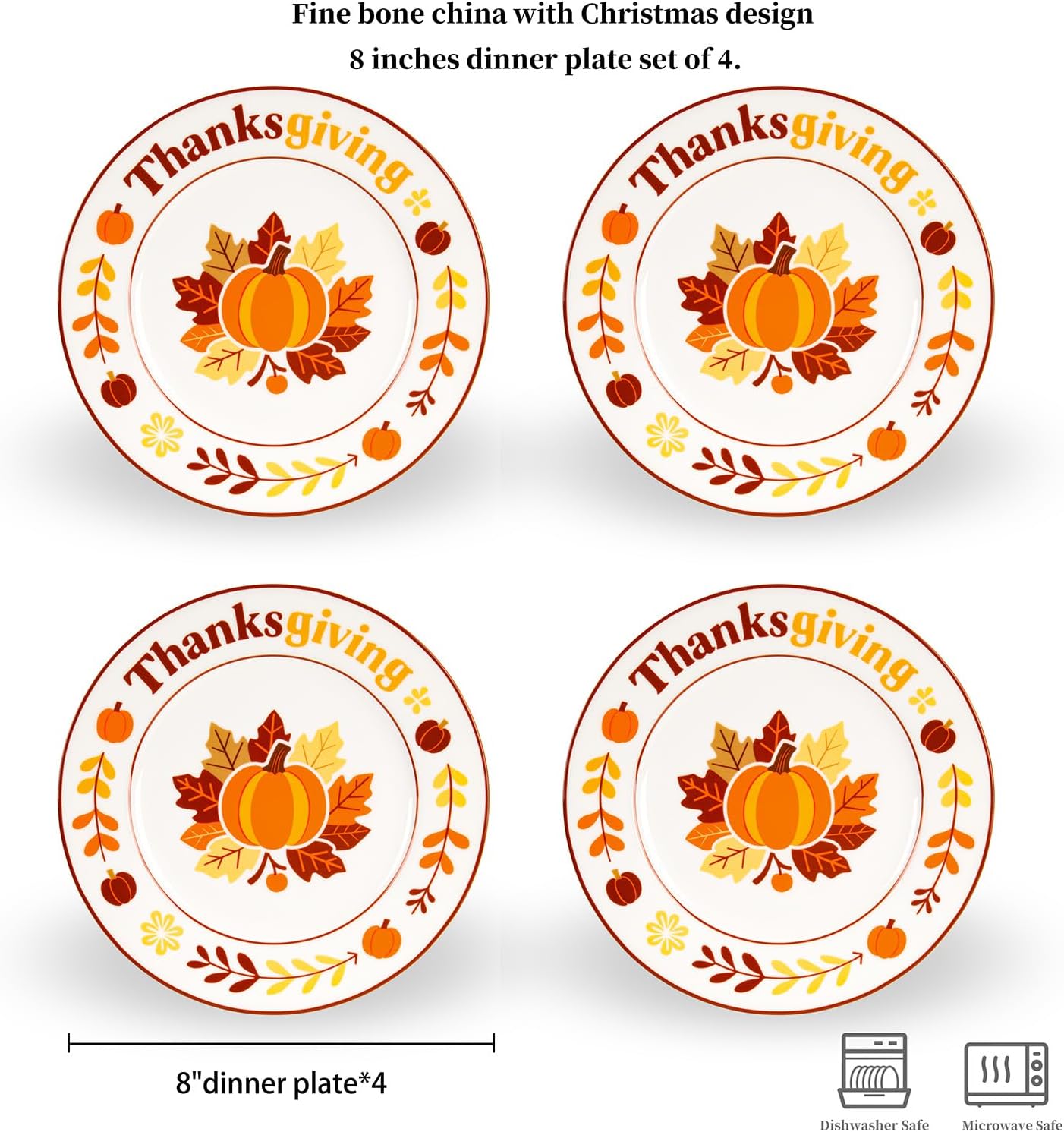 Fine Bone China Thanksgiving plates, 8 inches Dessert Fall Plates Set of 4, Pumpkin, Maple Leaf Design, Thanksgiving Dishes Table Decorations Thin and Light Weight, Festival Gifts Designed Box