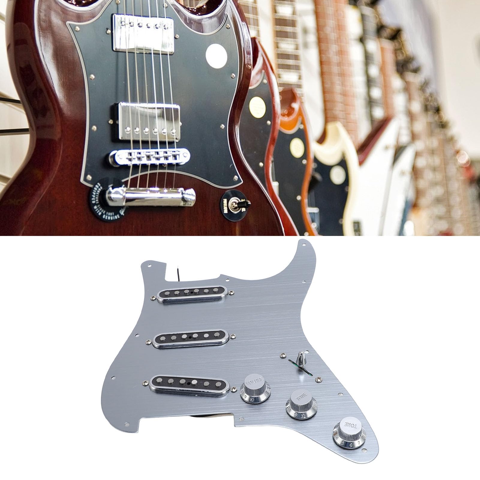 Golpeador SSS de Aleación de Aluminio, Golpeador de Guitarra con 11 Agujeros, Protectores de Púas de Guitarra Monobobina de Aleación de Aluminio, Reemplazo de Placa Rayada, Cargado SSS