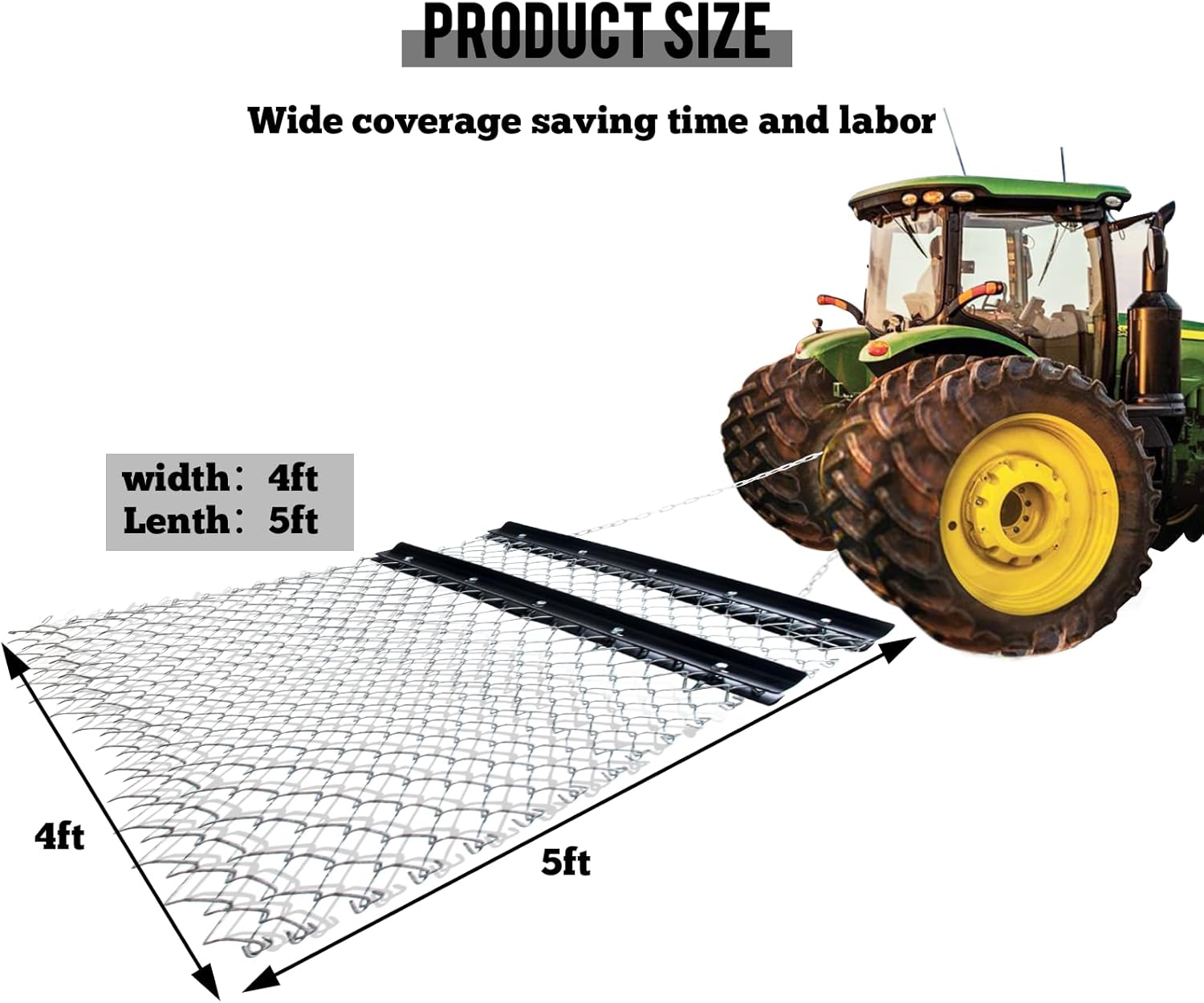 4' x 5' Drag Harrow, Chain Harrow for Optimal Landscape Leveling, Sod Prepping and Seeding in Garden, Farm and Field, Chain Drag Harrow for ATV, UTV Tractor attachments and Other Vehicles
