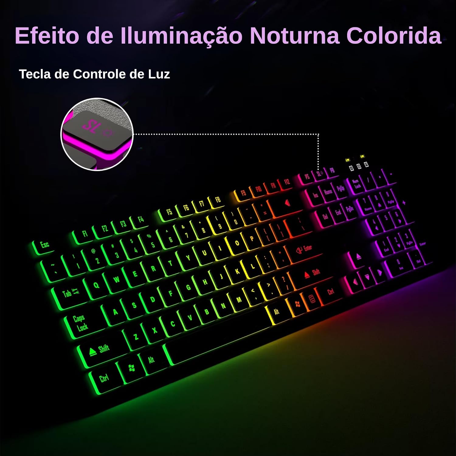 Teclado Gamer LED RGB USB ABNT2 com Fio, 107 Teclas, Anti-Ghosting, Padrão Brasileiro com Tecla ''Ç'' – Compatível com PC/Windows/Linux/Mac, com Iluminação Rainbow, Macio e Silencioso