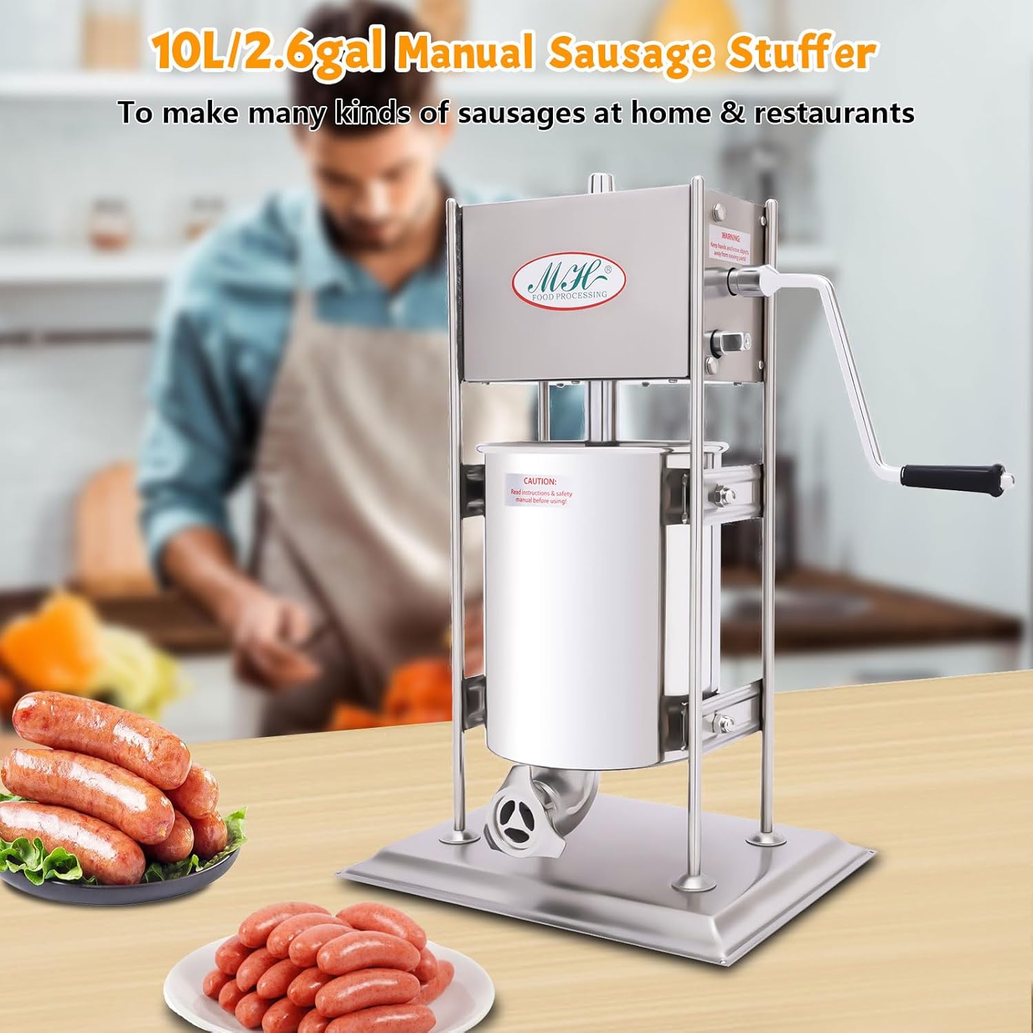 Manual Sausage Filling Machine 10L, Churros & Dough Stick Maker with 4 Stuffing Tubes, Vertical Stainless Steel Stuffer for Family and Commercial Use