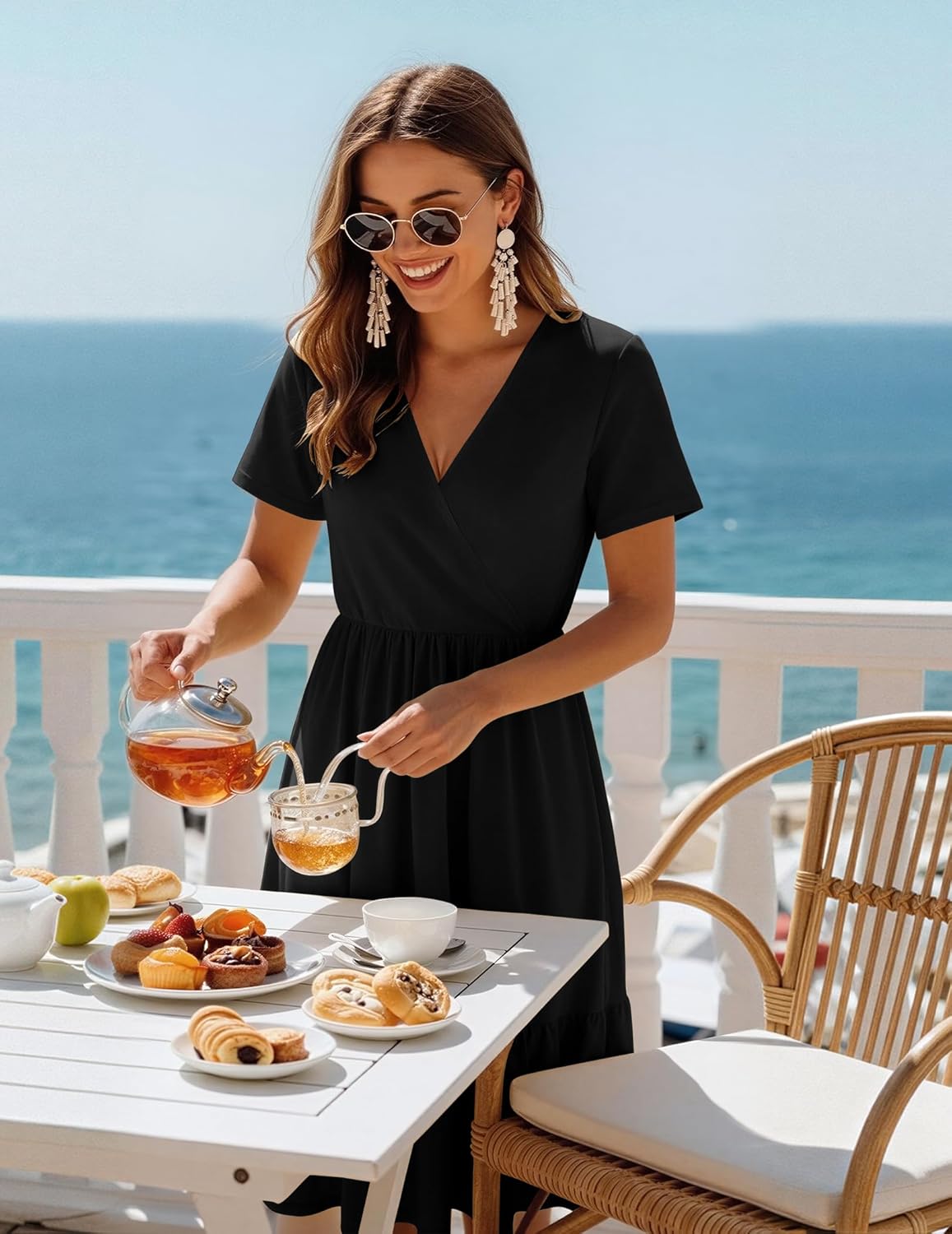 Zeagoo Womens Summer Warp V-Neck Casual Dresses Short Sleeve Midi Floral Dress with Pockets Tiered Flowy A Line Sundress - Image 5