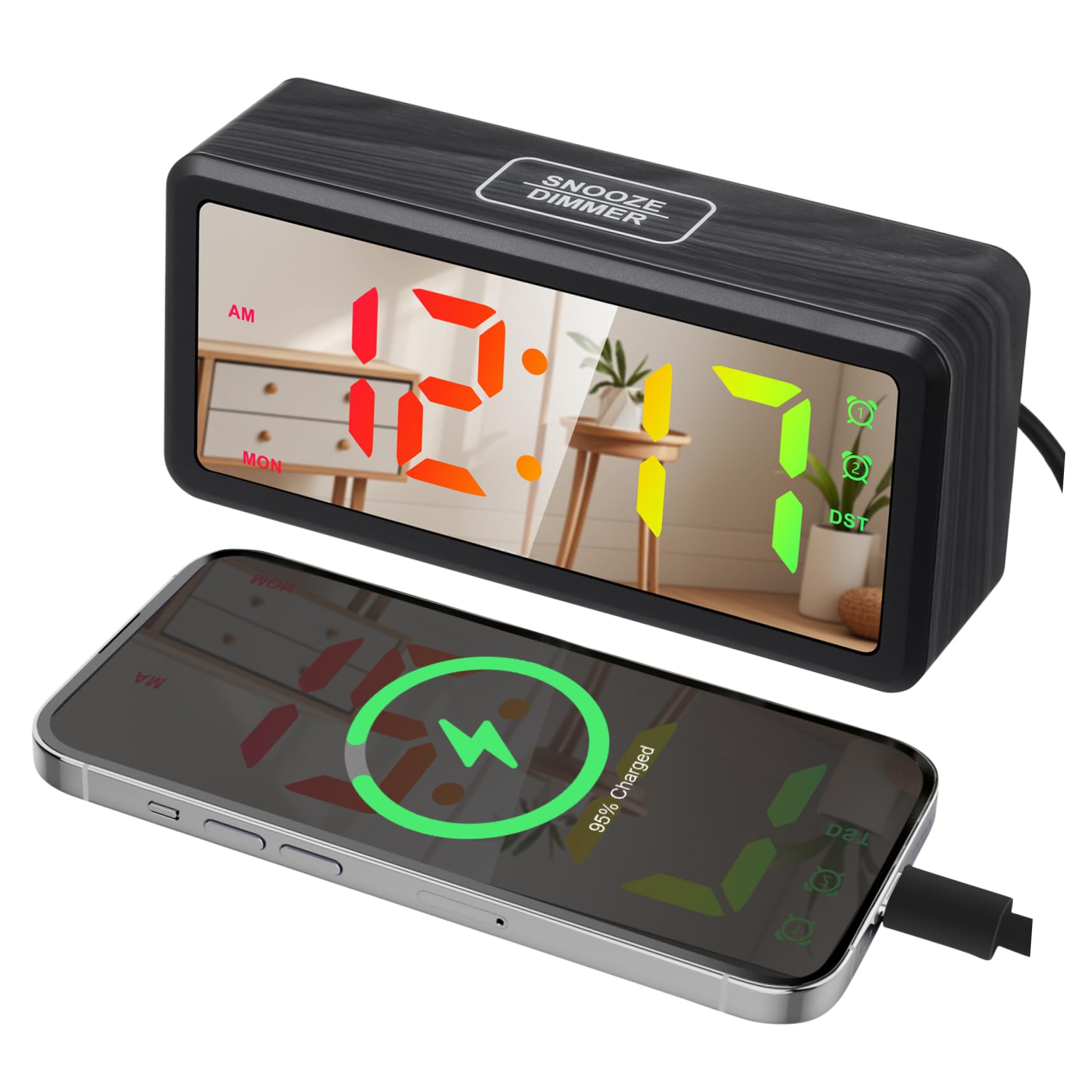 TOPBATHY Orologio in Legno Led Con Illuminazione Rgb Display Ampio e Modalità Legale Per Camera Da Letto e Ufficio